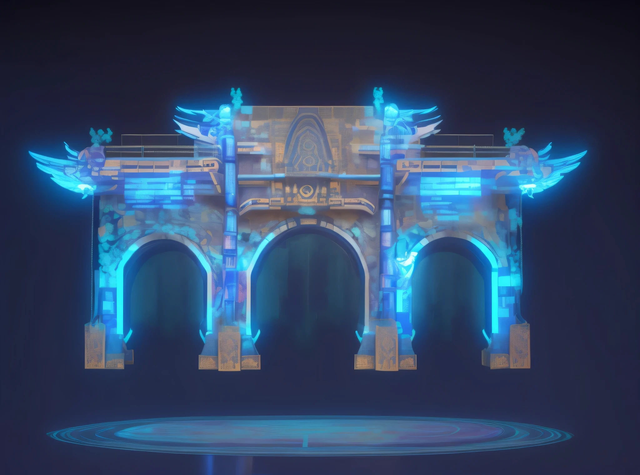 archway building,3D rendering effect,cyberpunk style,Dark and fluorescent world view,Mechanical fantasy style background,best quality