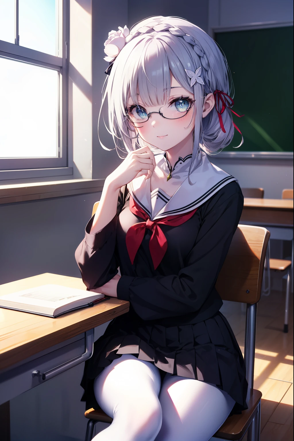 rezeroemilia, emilia, Braid, crown Braid, flower, hair flower, hair ornaments, hair ribbon, smile,blush,Black Abyss glasses,black sailor suit,black pleated skirt,white pantyhose,brown loafers,He rests his left elbow on the desk and rests his chin on it.,There is a textbook on the desk,sitting in a chair,So that the whole body goes into the illustration,
break indoors, School classroom,
break looking at viewer, (cowboy shot:1.5),
break (masterpiece:1.2), highest quality, High resolution, unity 8k wallpaper, (figure:0.8), (detailed and beautiful eyes:1.6), highly detailed face, perfect lighting, Very detailed CG, (perfect hands, perfect anatomy),