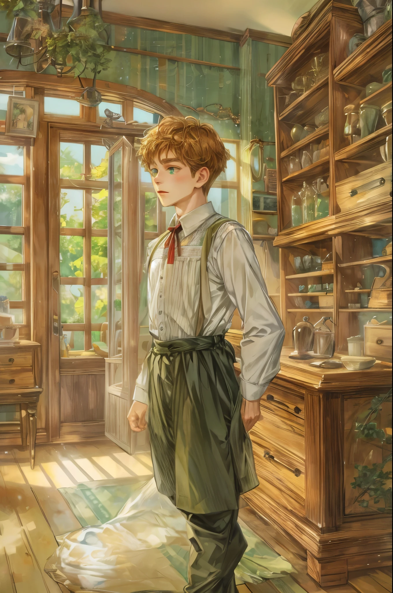 (absurdres, highres, simple detailed, HDR), simple masterpiece, best quality, 1 boy , short hair, handsome face, anime eyes, character from the anne of green gables, male version, simple interior, gnostic scenery