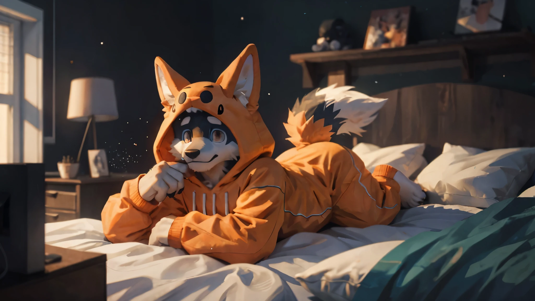 Masterpieces,official art,furry,male,shota,Anthropomorphic orange fox,Delicate face,orange eyes,no hair,onesie, bedroom, cozy room, depth of field, perfect lighting, light particles,(best quality),(masterpiece),(ultra detailed),sharp focus,light particles.
