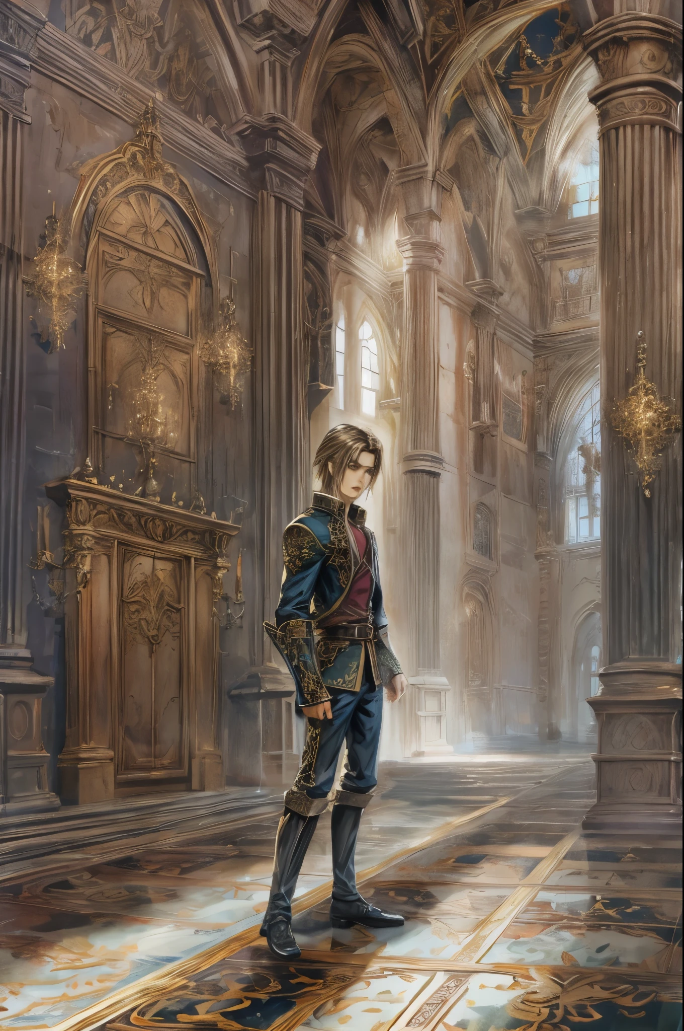 (absurdres, highres, simple detailed, HDR), simple masterpiece, best quality, 1 boy , short hair, handsome face, anime eyes, character from castlevania, simple interior, gnostic scenery