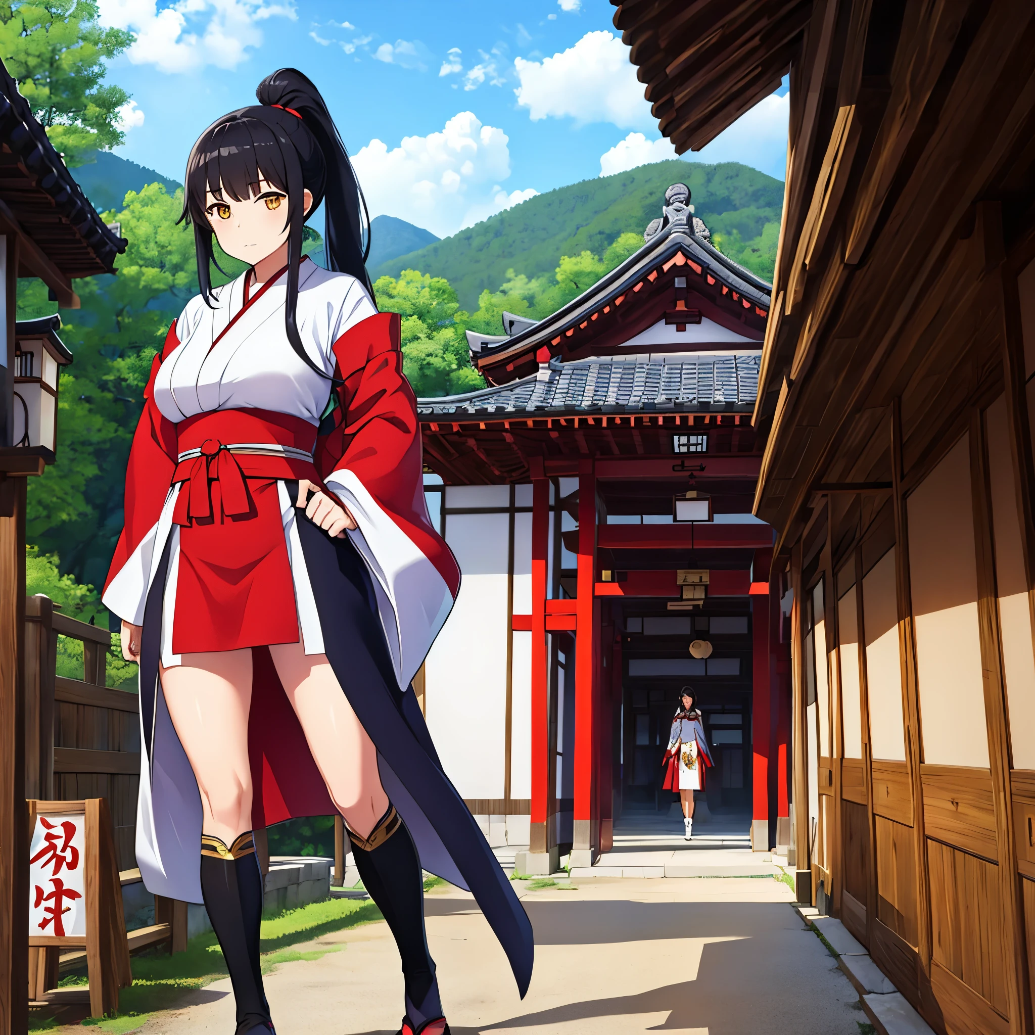 A woman wearing a Japanese Priestess costume, perfect arms, perfect hands, perfect fingers, perfect legs, yellow eyes, long ponytail hair, black hair, in a traditional Japanese town.
