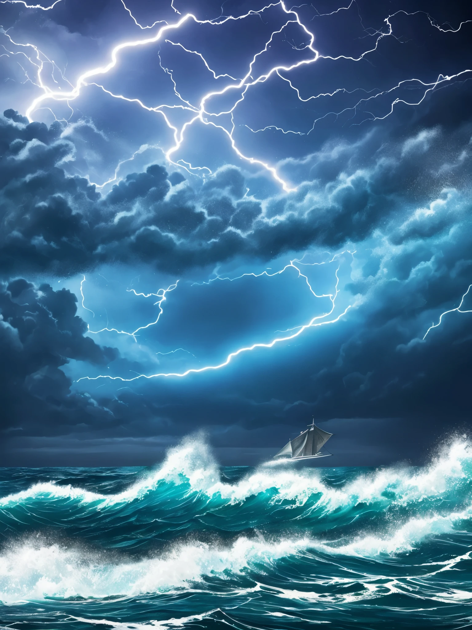 one (sea monster swimming in the waves in a rough ocean storm at night. Lightning in the sky.