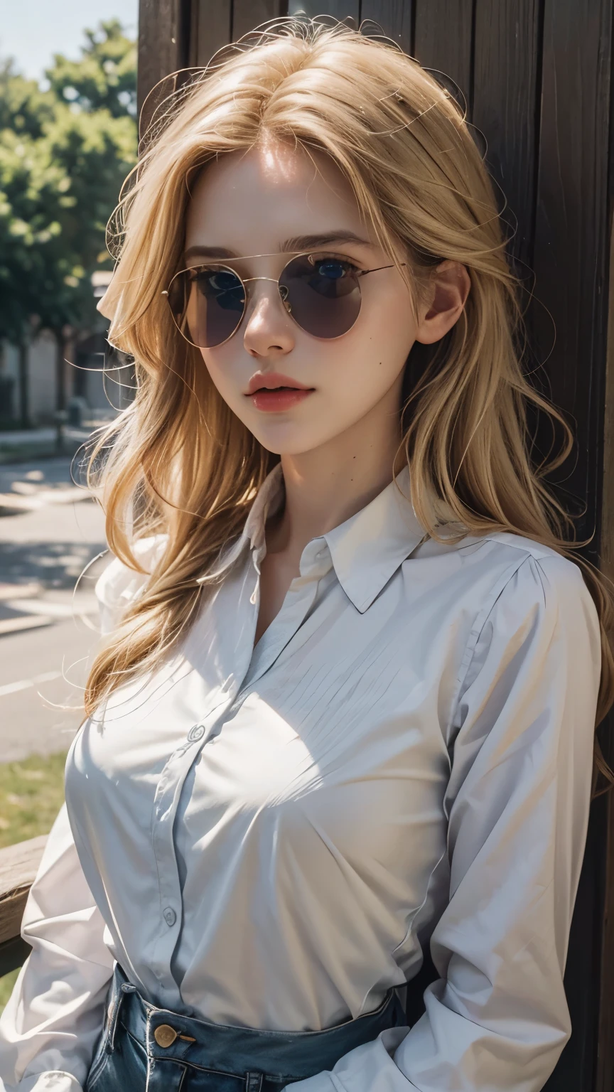 cinematic, upper body shot, elegant and aged 24 year old woman, RAW photo, 8k, highly detailed, masterpiece, stunningly beautiful, American girl with long flowing blonde hair, striking blue eyes, wearing sun glasses, wearing white collared shirt, breasts out, mature female, natural and approachable expression, soft sunlight, detailed, outdoor