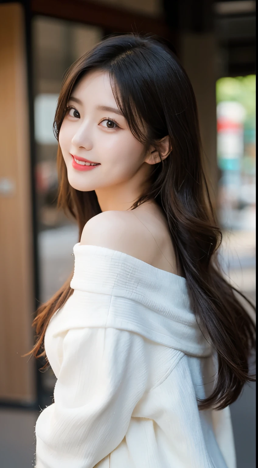 table top, highest quality, figure, super detailed, finely, High resolution, 8k wallpaper, 完璧なダイナミックな構figure, detailed and beautiful eyes, long coat,off shoulder,medium hair,small breasts natural color lip, bold sexy pose,smile,Harajuku、20 year old girl、cute、sexy shot looking at camera、blur the background