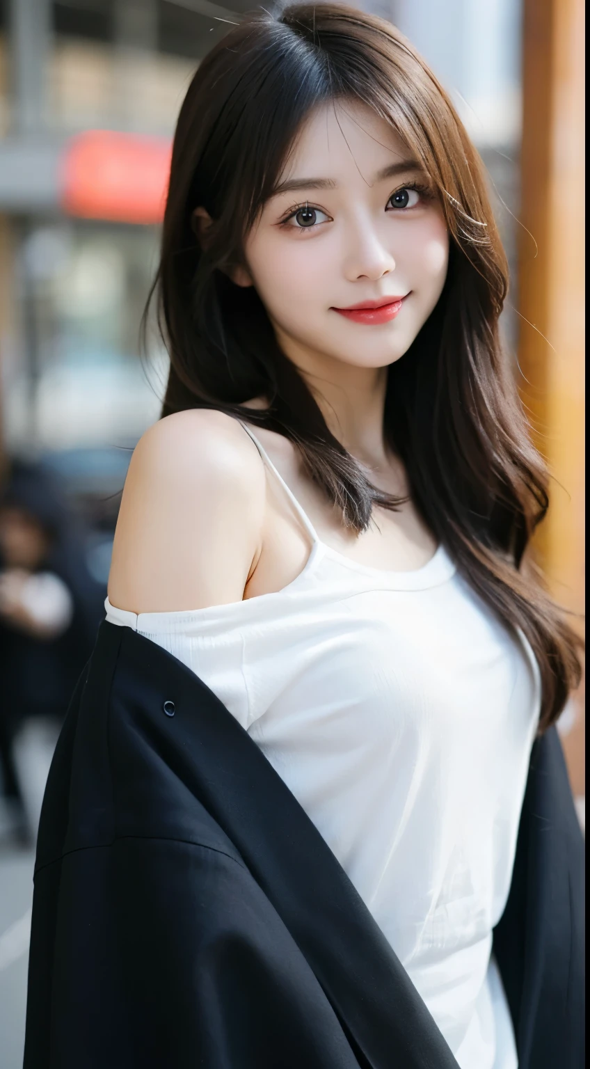 table top, highest quality, figure, super detailed, finely, High resolution, 8k wallpaper, 完璧なダイナミックな構figure, detailed and beautiful eyes, long coat,off shoulder,medium hair,small breasts natural color lip, bold sexy pose,smile,Harajuku、20 year old girl、cute、sexy shot looking at camera、blur the background