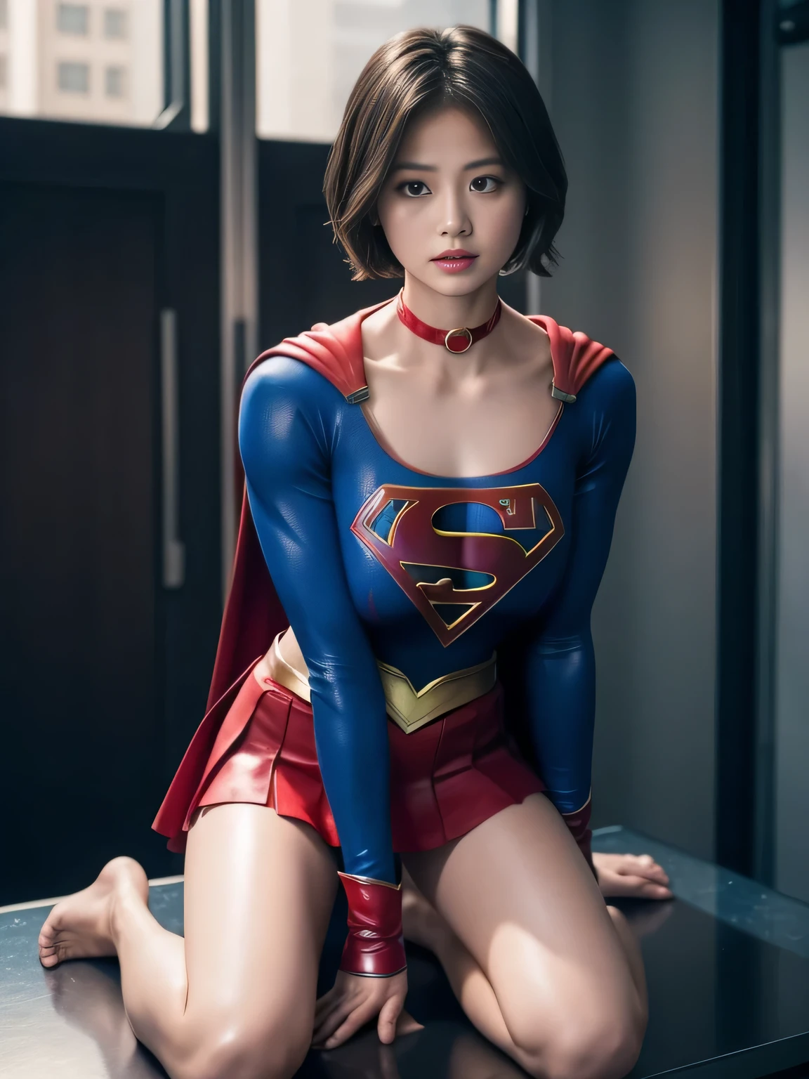 masterpiece、supergirl costume、short hair、barefoot、big and full breasts、Experimental facility、operating table、straddle、Tattered、shiny、look at the camera、Seduce、choker、red mini skirt、long sleeve