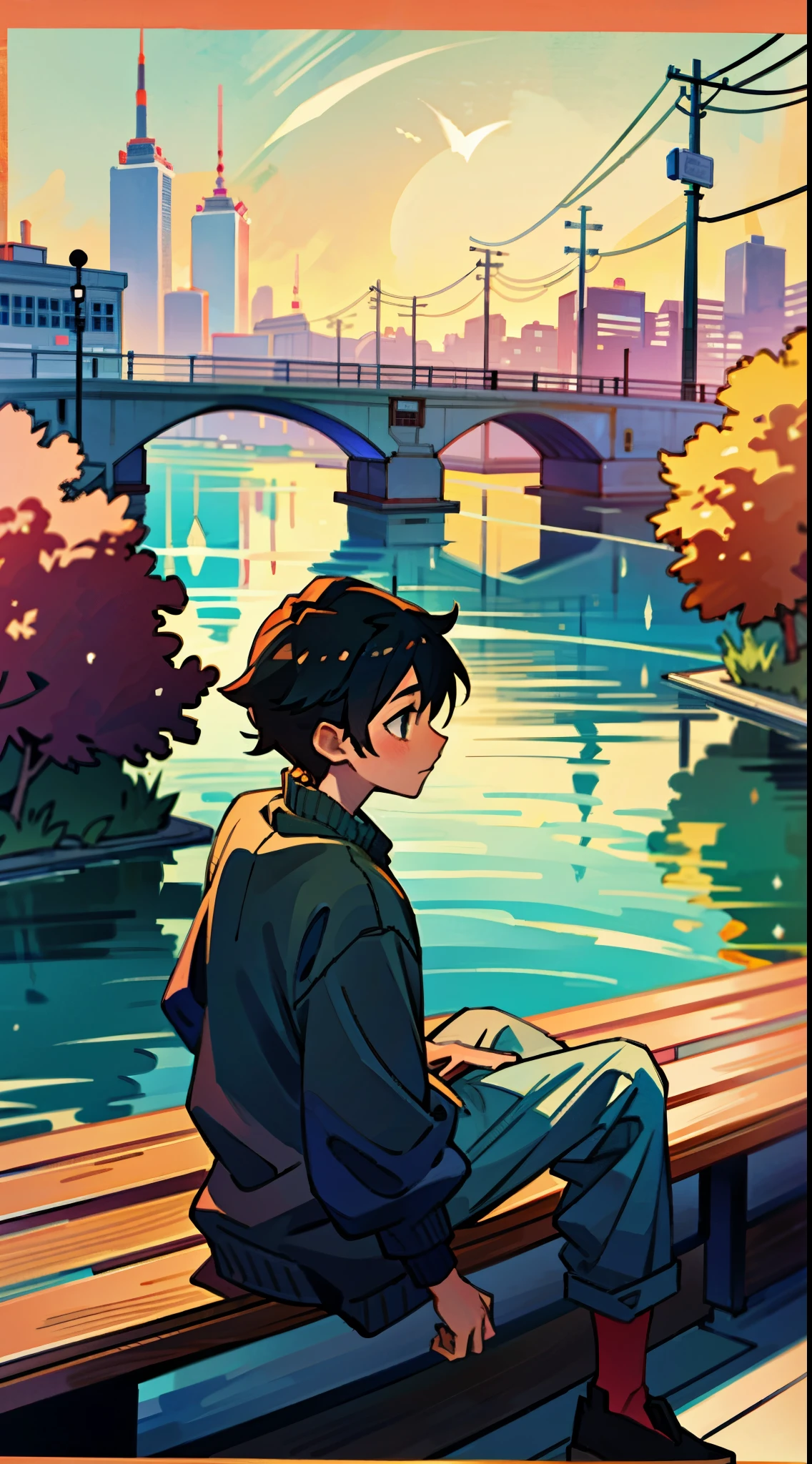 (best quality, 4k, 8k, highres, masterpiece:1.2), ultra-detailed, (anime: 1.2), boy sitting on a bench looking at the city, Dawn, bridge, river, trees, makoto shinkai cyril rolando, atey ghailan 8 k, emotional concept art, guweiz and makoto shinkai, anime art wallpaper 8 k, a beautiful artwork illustration, 4k highly detailed digital art, anime art wallpaper 4k, anime art wallpaper 4 k, 4 k hd