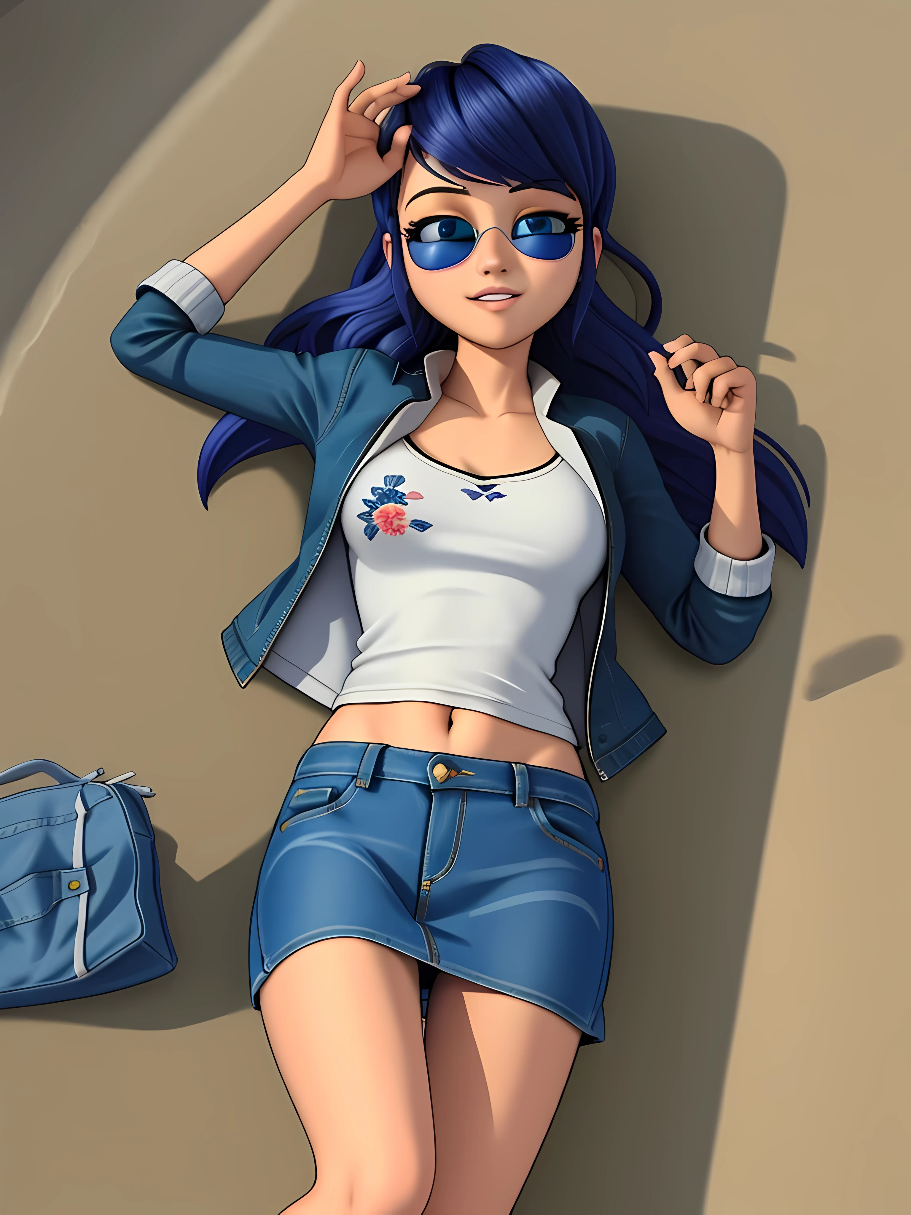 (8K, foto cruda, Mejor calidad, Obra maestra:1.2), (detalles intrincados), ojos perfectos, cara perfecta, perfect lighting, hermoso, (Obra maestra:1.2), (Mejor calidad:1.2), 1 chica, solo, marinette, pelo azul, ((pelo largo)), adult torso, 17 years old, leve sonrisa, large size breasts, (falda de mezclilla, falda corta, camiseta roja del ombligo, chaqueta, Gafas de sol), tiro de vaquero, 3DMM, tirado en el suelo, mirando al espectador, sexy