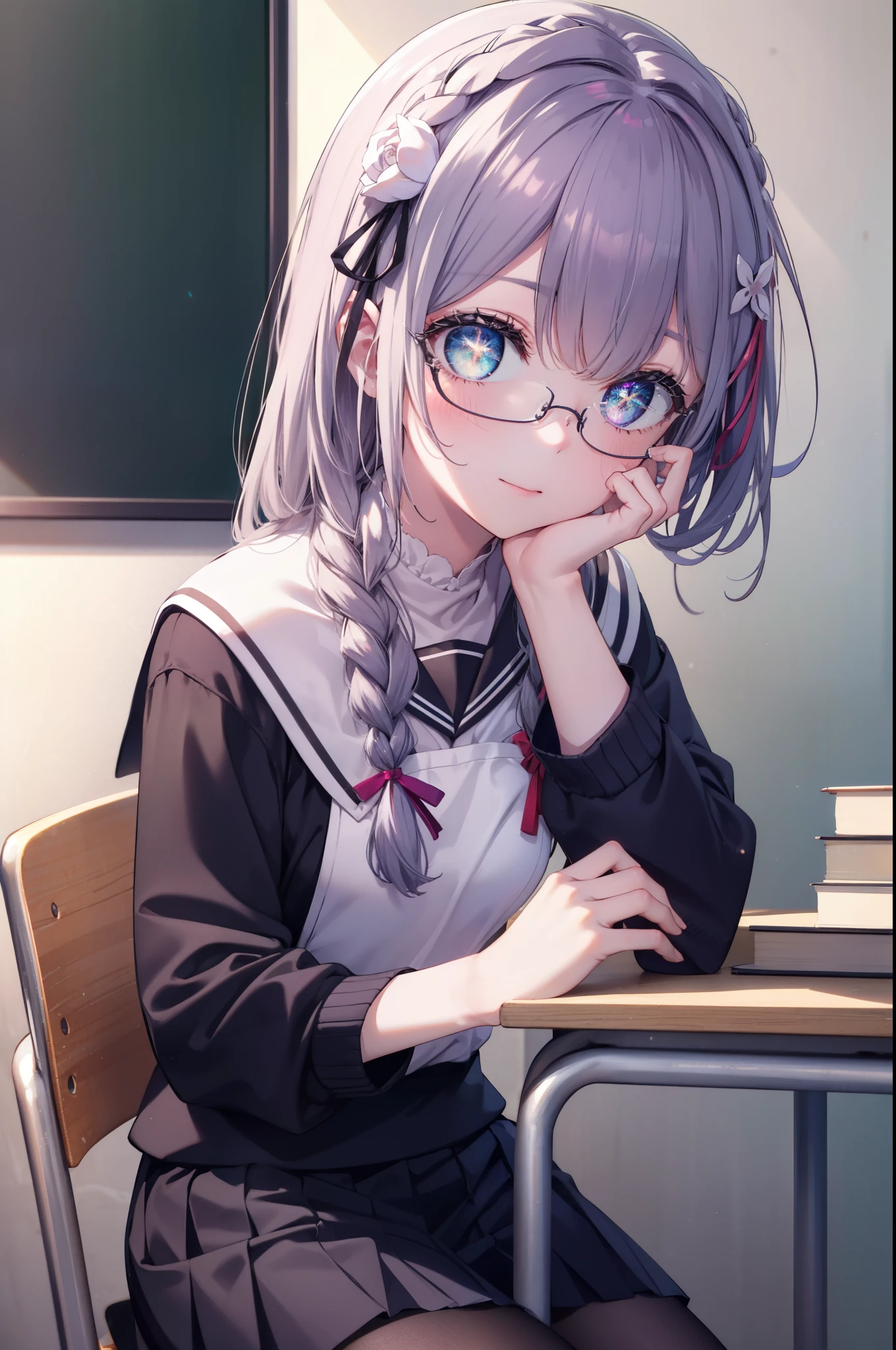 rezeroemilia, emilia, Braid, crown Braid, flower, hair flower, hair ornaments, hair ribbon, smile,blush,Black Abyss glasses,black sailor suit,black pleated skirt,white pantyhose,brown loafers,He rests his left elbow on the desk and rests his chin on it.,There is a textbook on the desk,sitting in a chair,So that the whole body goes into the illustration,
break indoors, School　classroom,
break looking at viewer, (cowboy shot:1.5),
break (masterpiece:1.2), highest quality, High resolution, unity 8k wallpaper, (figure:0.8), (detailed and beautiful eyes:1.6), highly detailed face, perfect lighting, Very detailed CG, (perfect hands, perfect anatomy),