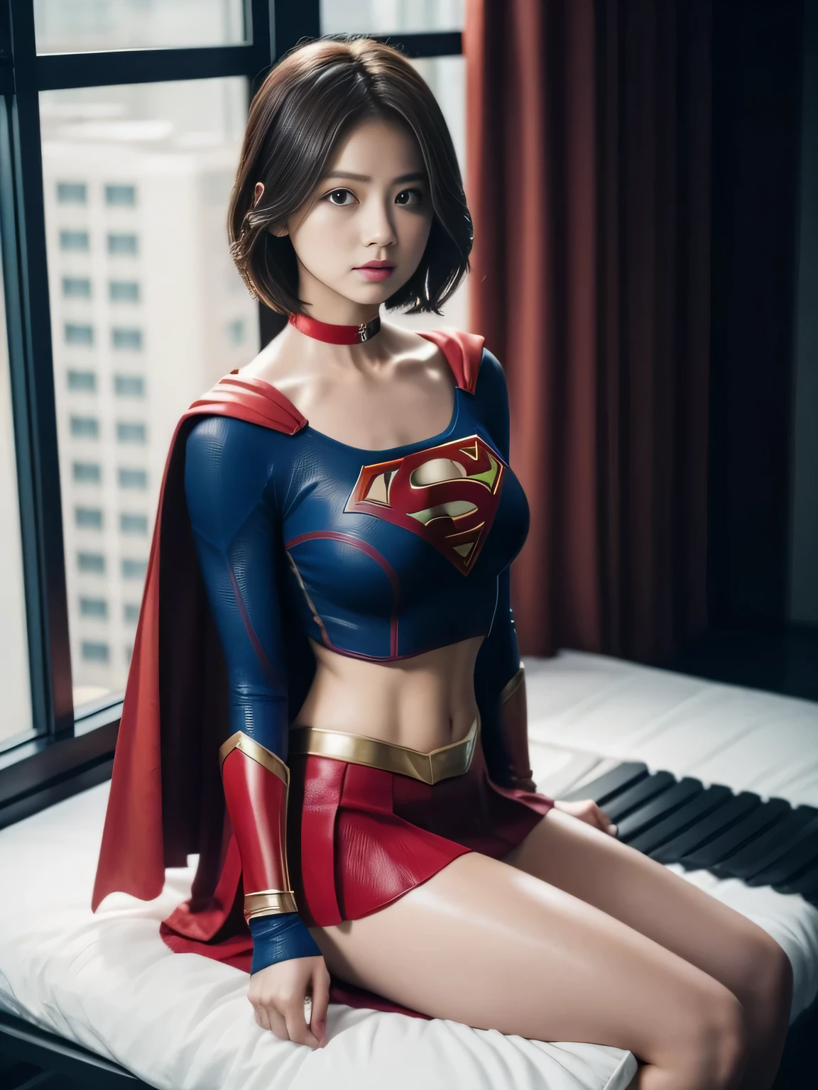 masterpiece、supergirl costume、short hair、barefoot、big and full breasts、Experimental facility、operating table、straddle、Tattered、shiny、look at the camera、Seduce、choker、red mini skirt、long sleeve