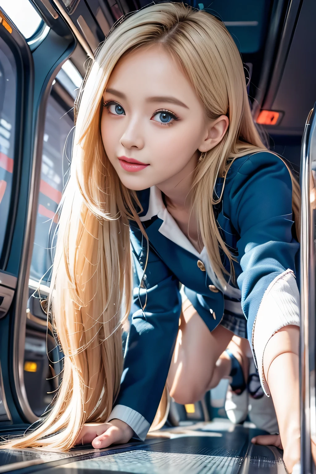 1 girl, blonde hair, bangs, long hair, straight hair, eyes shine, long eyelashes, compensate, bright eyes,(blue eyes) light smile, written boundary depth, one person'point of view, from below, wide angle, f/1.8, 135mm, canon, nffsw, retina, table top, Accurate, anatomically correct, rough skin, Super detailed, advanced details, high quality, High resolution, 1080p, hard disk, 4k, 8k、(A woman crawling on all fours on an airplane seat)、((Rear view))、(look back)、((beautiful flight attendant)),super beautiful,perfect body,(Beautiful with great care),((cabin attendant attire)),(Light blue jacket),(white mini skirt),smile gently,(high heels),full body photo、(You can see the white T-back pants),