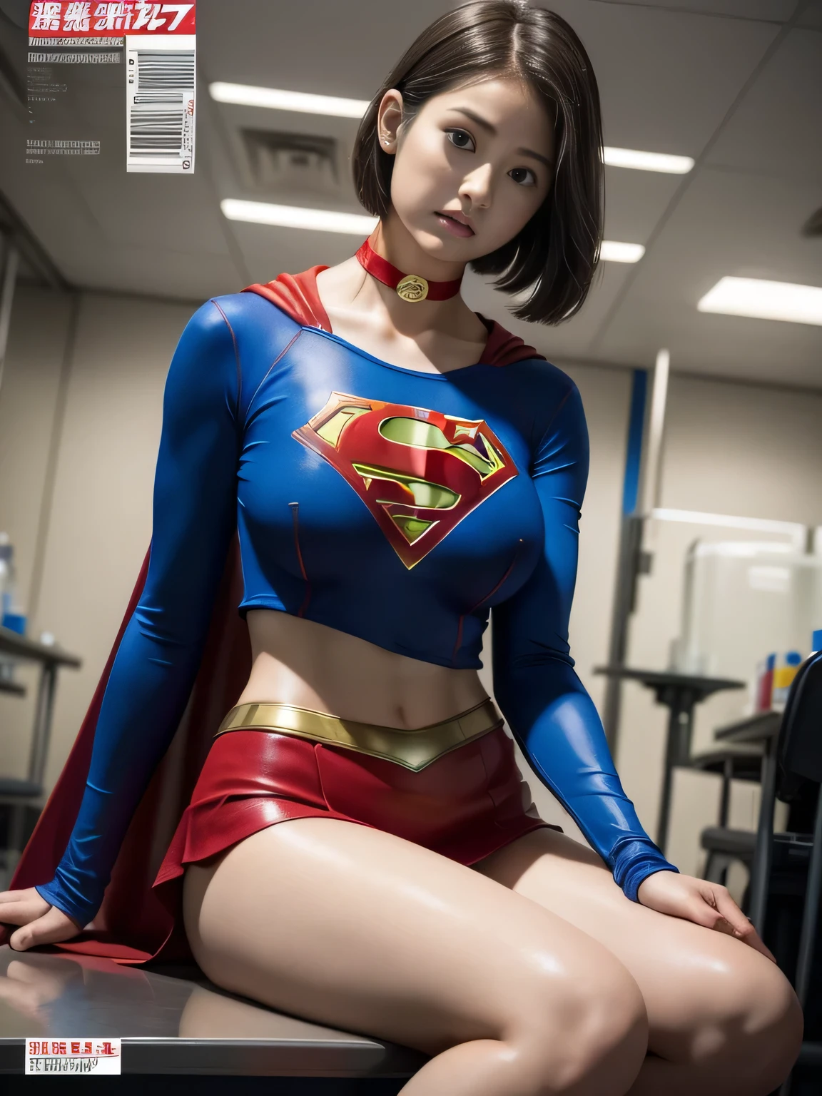 masterpiece、supergirl costume、short hair、big and full breasts、human experiment subjects、Crisis situation、Research room、Experimental facility、Research room、research facility、graduate school、choker、long sleeve、red mini skirt、looking at camera、Weekly magazine cover、barefoot、Sweat、Sweatまみれ、model body shape、from right in front