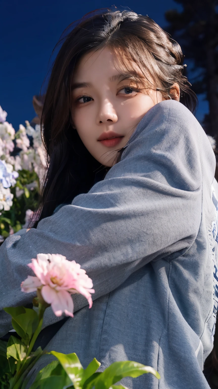 Close-up photo of Korean woman, Beautiful and spellbinding for every eye, Under the eyes, night picture, Dress cutely, flower garden, park