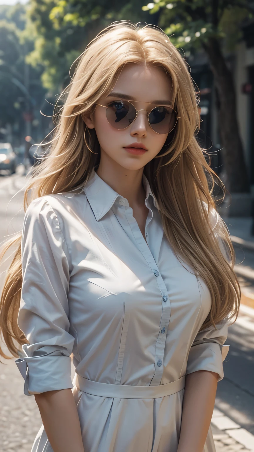 cinematic, upper body shot, elegant and aged 24 year old woman, RAW photo, 8k, highly detailed, masterpiece, stunningly beautiful, American girl with long flowing blonde hair, striking blue eyes, wearing sun glasses, wearing white collared shirt, breasts out, mature female, natural and approachable expression, soft sunlight, detailed, outdoor