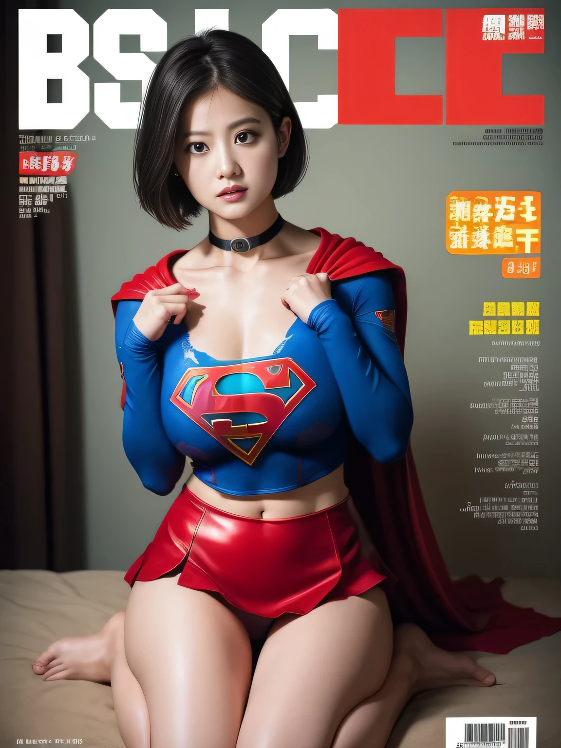 masterpiece、supergirl costume、short hair、barefoot、big and full breasts、Weekly magazine cover、Experimental facility、operating table、lean back、Tattered、shiny、look at the camera、Seduce、choker、red mini skirt、long sleeve,model body shape、from right in front