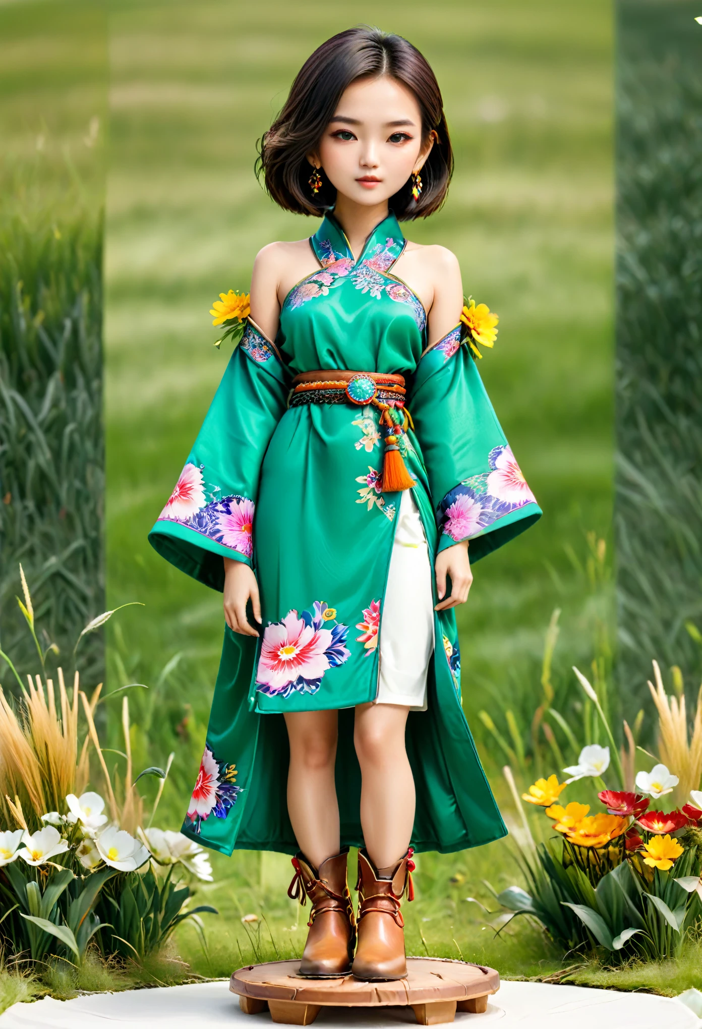 (Blind Box Spielzeug Stil:1.2),full body, solo,white background,(1 Beautiful girl Models,shoulder length straight bob hair,Maxi floral Mongolian robe,Standing on a round wooden base,green grass,boots),(Oriental elements,Mongolian color,Very colorful)