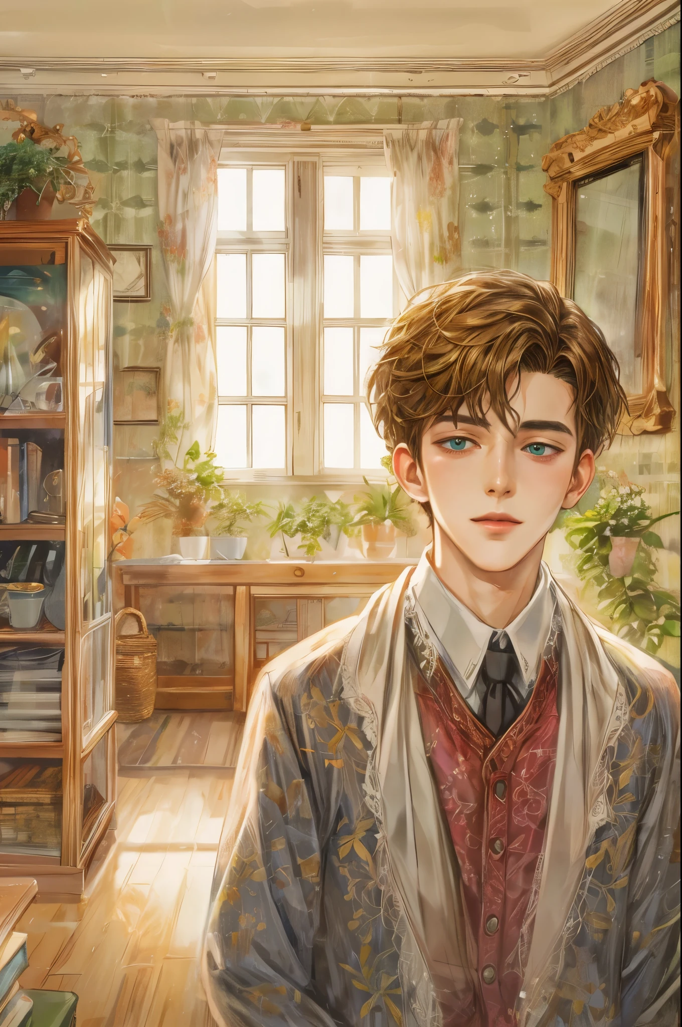 (absurdres, highres, simple detailed, HDR), simple masterpiece, best quality, 1 boy , short hair, handsome face, anime eyes, character from the anne of green gables, male version, simple interior, gnostic scenery