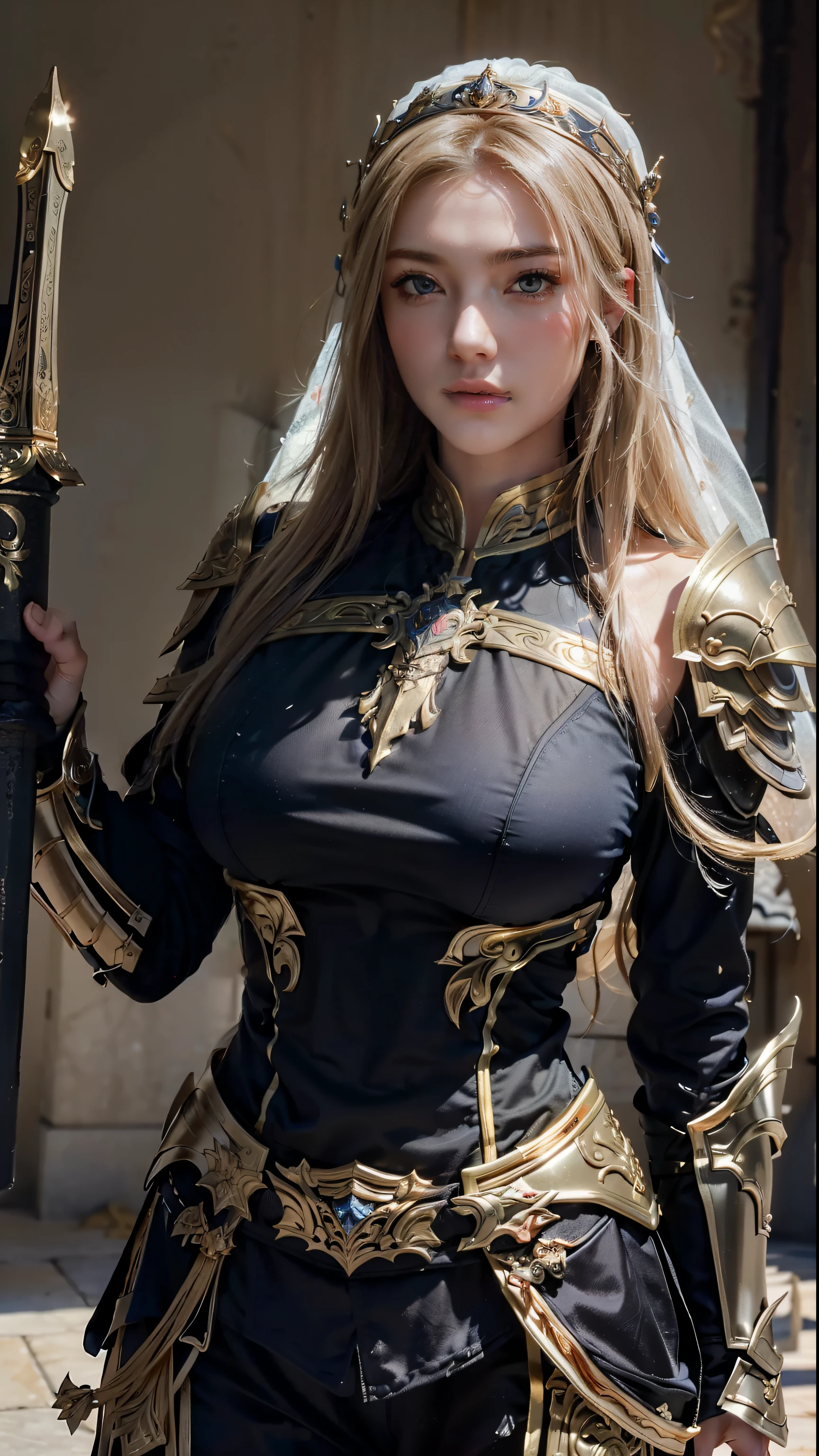 ((Best quality)), ((masterpiece)), (highly detailed:1.3),a woman wearing black armor, long hair. Holding a sword, armor damaged war scene, super cute face, super slim body, super slim, small waist, super perfect huge breast, perfect huge round breast, smooth skin, silky hair, blue eye, 16 year old, red luxury hijab, golden pattern armor, , blonde, fighting style, blushing, wear white pant, Dragon pattern