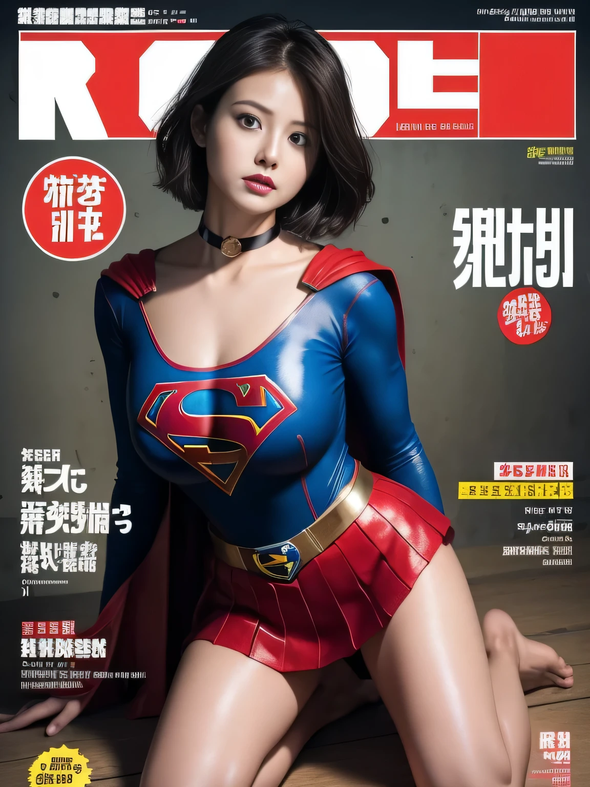 masterpiece、supergirl costume、short hair、barefoot、big and full breasts、Weekly magazine cover、Experimental facility、operating table、Cowgirl、Tattered、shiny、look at the camera、Seduce、choker、red mini skirt、long sleeve、from right in front