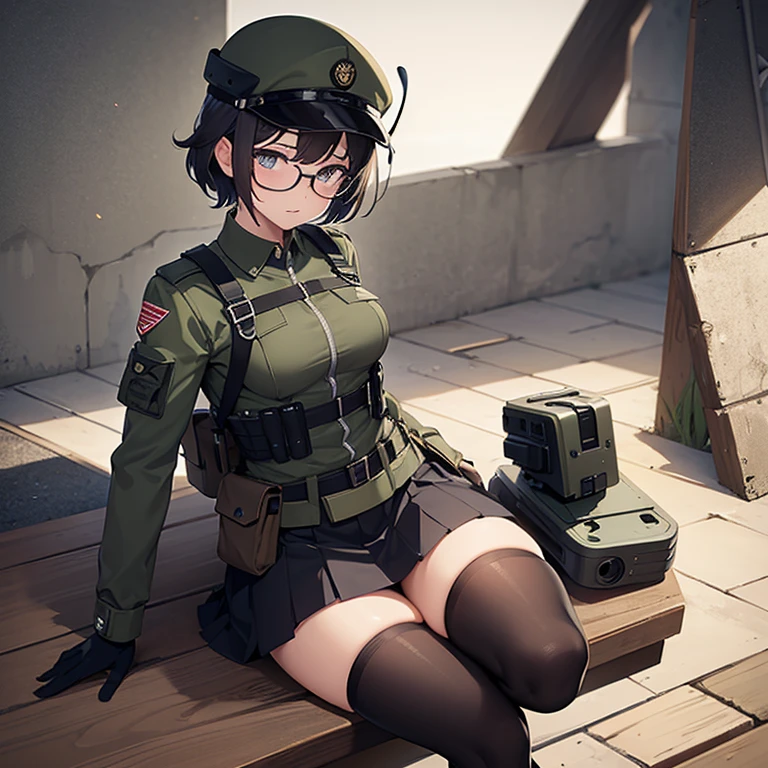 A female army infantry, winter camouflage patterned combat uniform, excitement, ((open mouth, intense orgasm and smiling)), (spread legs, straddling camouflage patterned dildo, (insert dildo into her pubic), her hand is at nipple, masturbation), pubic hair, in combat, battlefield, (army helmet, carrying back-pack with wireless antenna, camouflage patterned thigh-high, short hair, rifle), the ruin the city is on fire, angle from below,