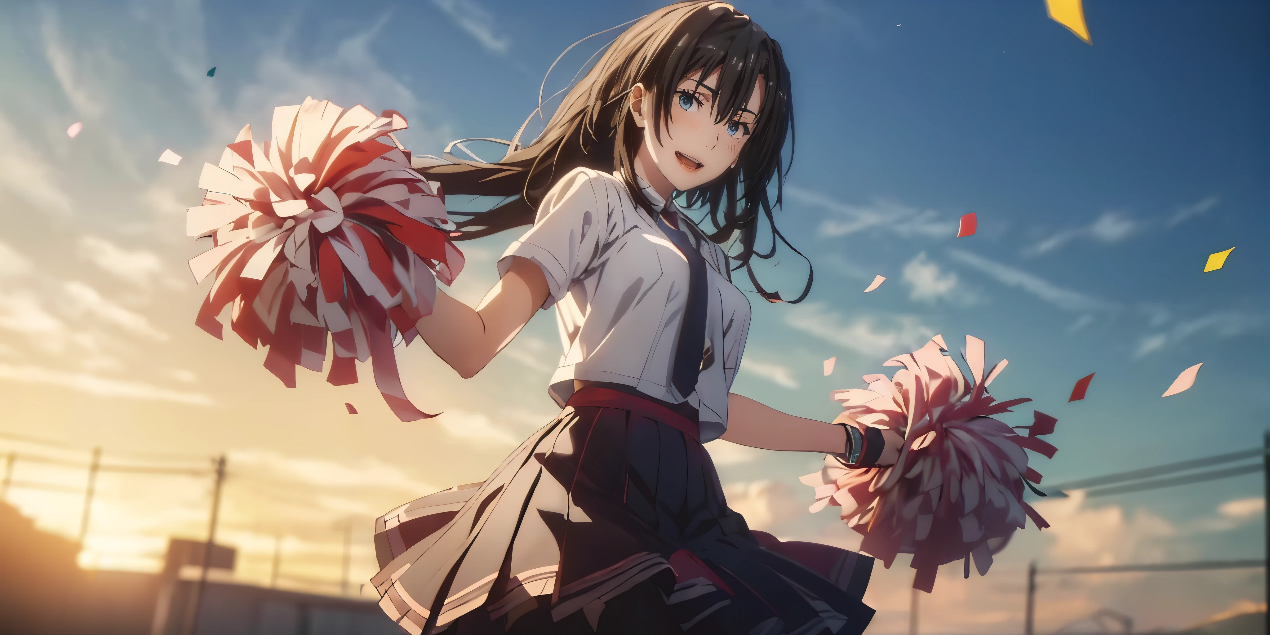 black hair, long hair, sensei, blue eyes, huge breasts, 1girl, cheerleader, cowboy shot, pom pom \(cheerleading\), :d, pink clothing, masterpiece,best quality,highres,ultra-detailed,aashizue, outdoors, blue sky, confetti, pleated skirt, (shaded face:1.2), hollow eyes, blue eyes, looking at viewer, seductive smile, glowing eyes, "glow effects, godrays, Hand drawn, render, 8k, octane render, cinema 4d, blender, dark, atmospheric 4k ultra detailed, cinematic, Sharp focus, big depth of field, Masterpiece, colors, 3d octane render, 4k, concept art, trending on artstation, hyperrealistic, Vivid colors, extremely detailed CG unity 8k wallpaper, trending on CGSociety, Intricate, High Detail, dramatic", steaming face, steaming body,