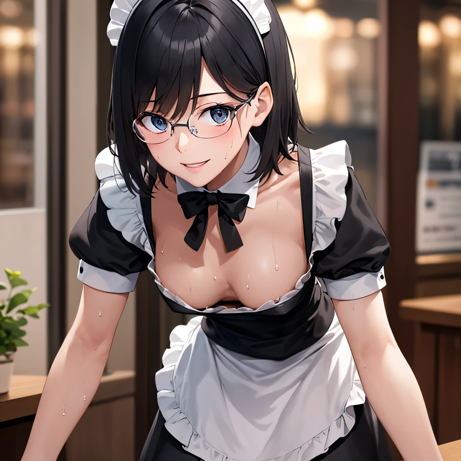 1girl,18yo,perfect hands, perfect finger,perfect anatomy, masterpiece, best quality,realistic, hyperrealistic, 16k hdr,, aamii, short hair, black hair, blue eyes, glasses, ,cafe background,standing,(sweat:1.3),(happy smile),large breasts,upper body,(sexy maid dress,head dress:1.2),ultra miniskirt,(leaning forward:1.2),spread legs