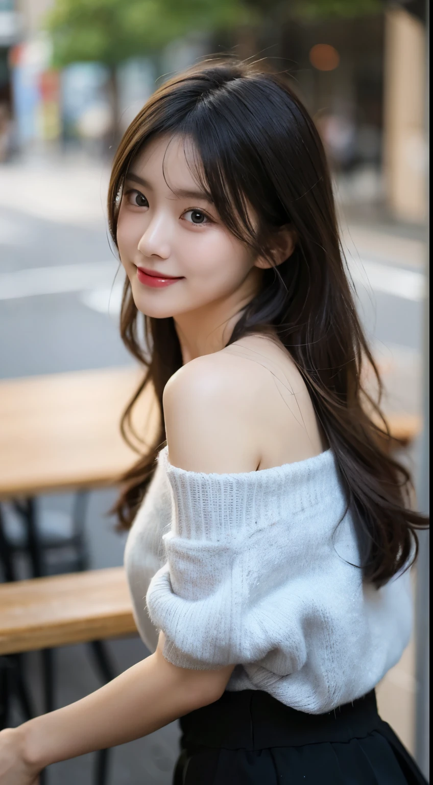 Tabletop, highest quality, figure, Super detailed, In detail, High resolution, 8k wallpaper, Perfect dynamic composition, Beautiful Eyes,Brown Hair, Natural color lip, Random and cute poses,smile,Off the shoulder,Perfect and beautiful face,Slender body,Narrow Face