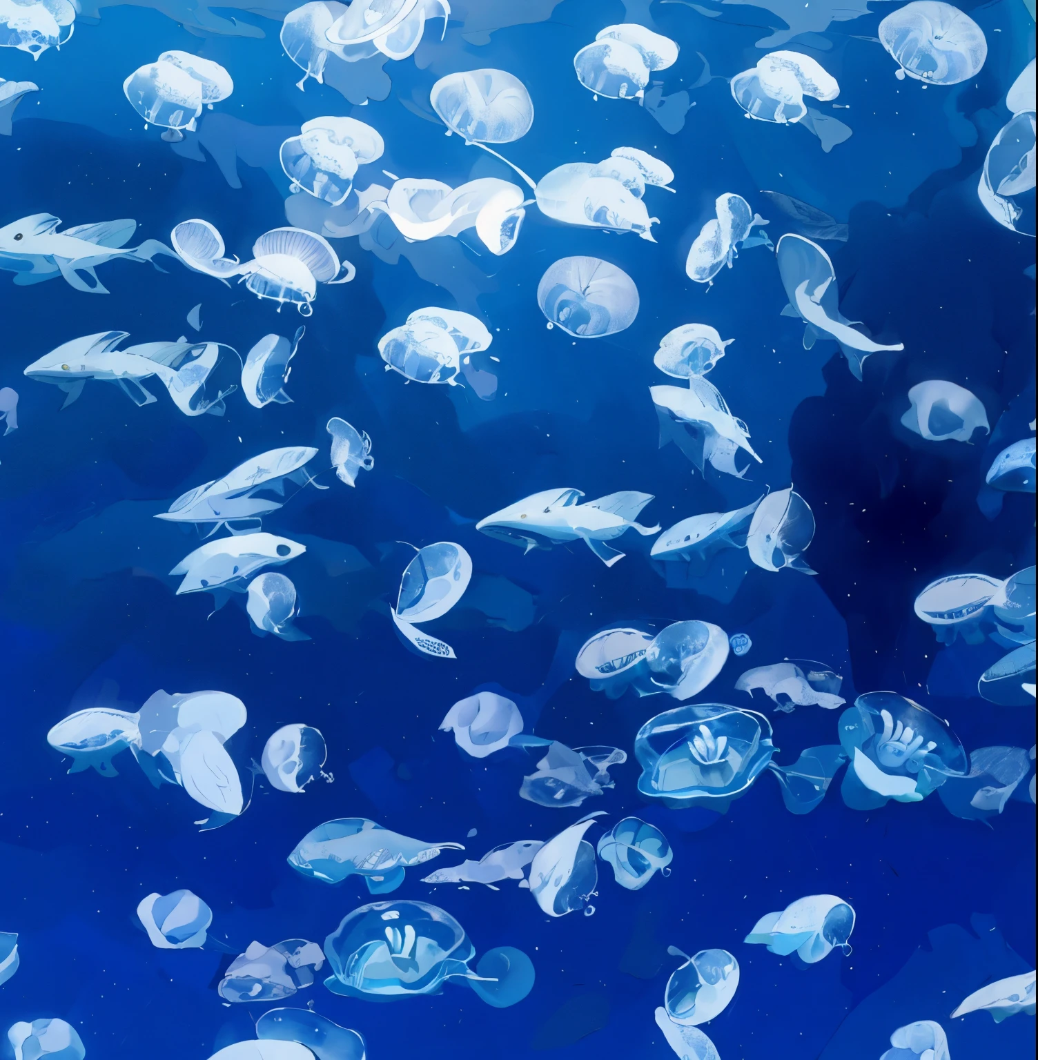 Blue ocean filled with swarms of blue jellyfish,deep sea,extremely beautiful,Diving photos