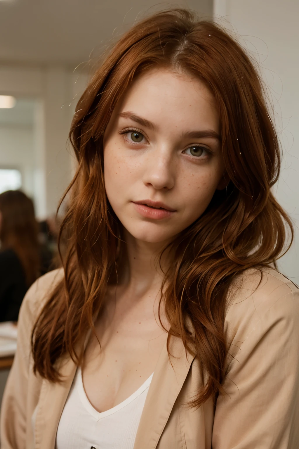 a close up of a woman with red hair and a brown jacket, red hair and attractive features, flowing ginger hair, ginger hair, ginger hair with freckles, copper hair, redhead woman, a redheaded young woman, red head, yelena belova, she has long redorange hair, long glowing red hair, redhead girl, anna nikonova aka newmilky