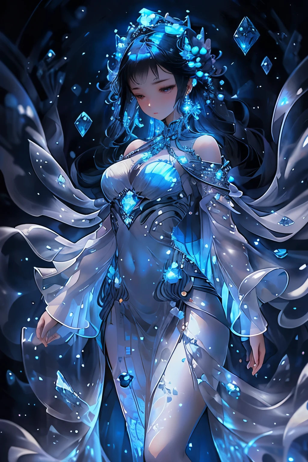 Picture a woman's body, intricately crafted from bluish glass, shimmering under the crystalline expanse of the starry night sky. Her form, delicate and ethereal, emits a soft, sobbing sound as she stands amidst the celestial tapestry. Tears cascade down her glassy features, reflecting the bluish light of the heavens.
Her frame is adorned in brilliant blue tones, each hue enhancing the glass's transparency and crystal aesthetics. The delicate curves and contours of her body are on full display, bending and shifting with an otherworldly grace. Her every movement sends ripples