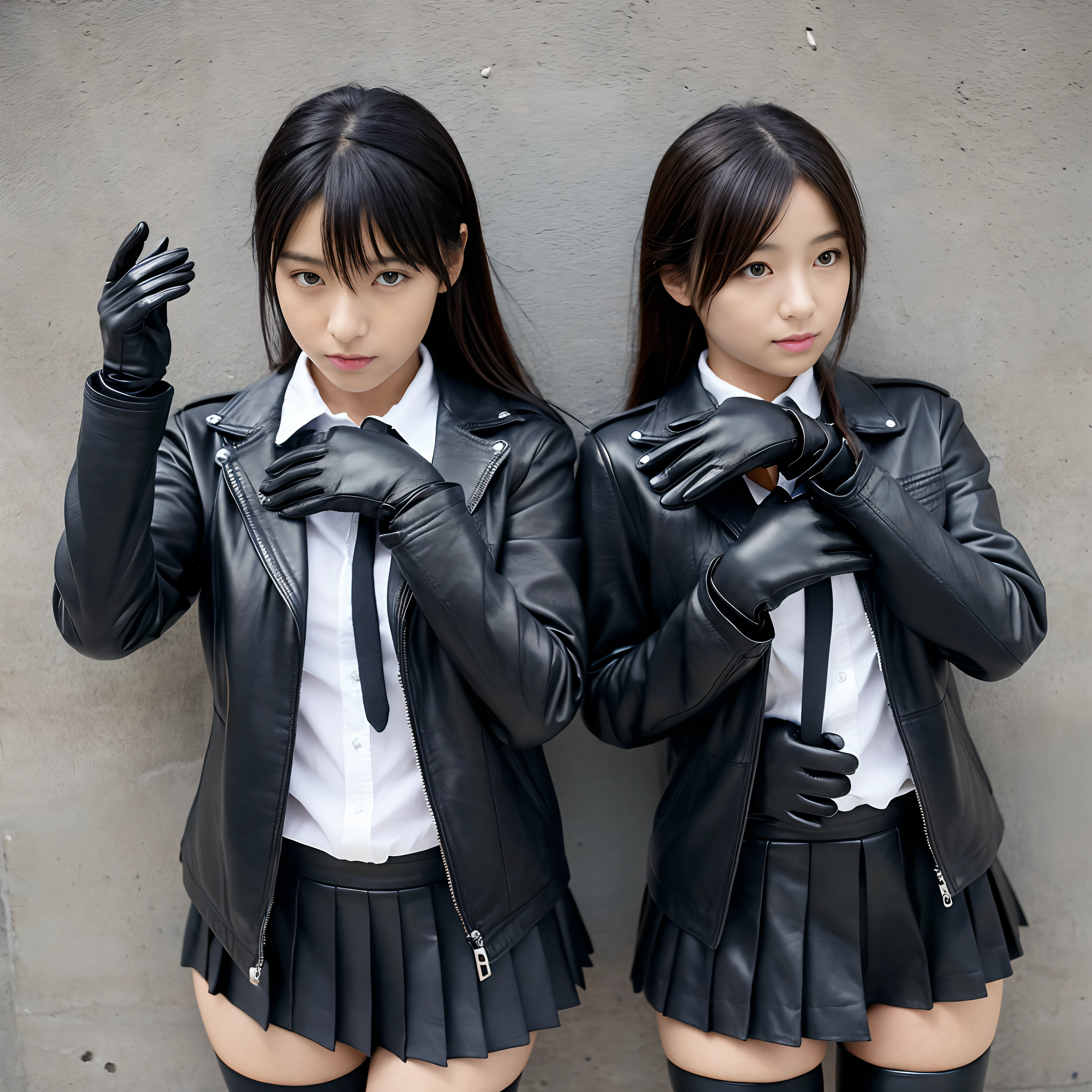 Black leather gloves on both hands、Innocent Japan high school girl　Black Leather Double Rider's Jacket、(Wearing black leather gloves on both hands)、Black Leather Skinny Pants、Black Leather Knee High Long Boots(Wearing black leather gloves on both hands)