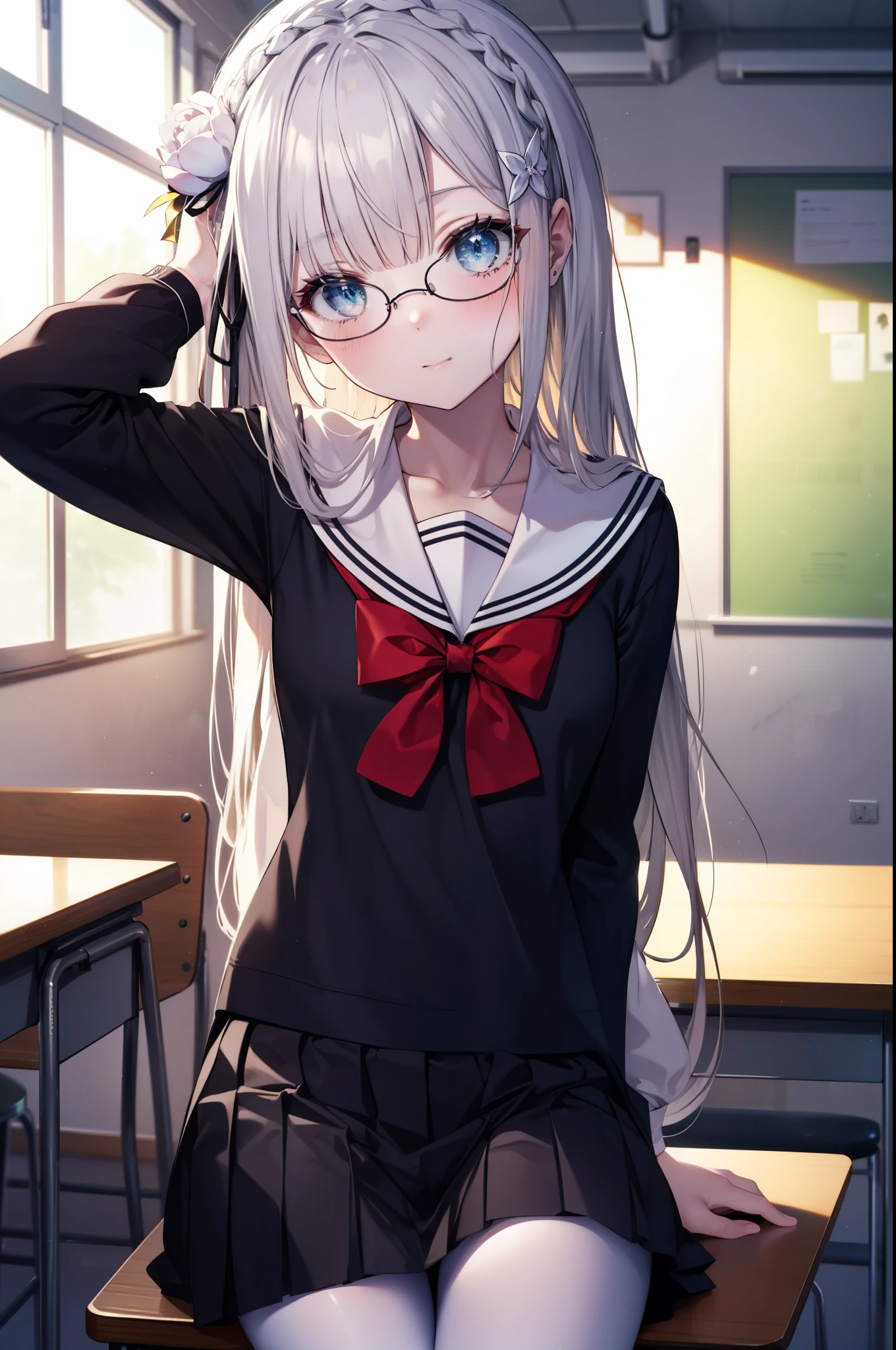 rezeroemilia, emilia, Braid, crown Braid, flower, hair flower, hair ornaments, long hair,hair ribbon, smile,blush,Black Abyss glasses,black sailor suit,black pleated skirt,white pantyhose,brown loafers,He rests his left elbow on the desk and rests his chin on it.,There is a textbook on the desk,sitting in a chair,So that the whole body goes into the illustration,
break indoors, School classroom,
break looking at viewer, (cowboy shot:1.5),
break (masterpiece:1.2), highest quality, High resolution, unity 8k wallpaper, (figure:0.8), (detailed and beautiful eyes:1.6), highly detailed face, perfect lighting, Very detailed CG, (perfect hands, perfect anatomy),