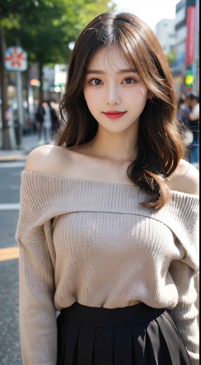 table top, highest quality, figure, super detailed, finely, High resolution, 8k wallpaper, 完璧なダイナミックな構figure, detailed and beautiful eyes, off shoulder knit ladies&#39;S fashion,wavy hair,、natural color lip, bold sexy pose,smile,Harajuku、20 year old girl、cute、sexy shot looking at camera,Ultra-realistic raw photoini skirt:1.1),(whole body:1.3)