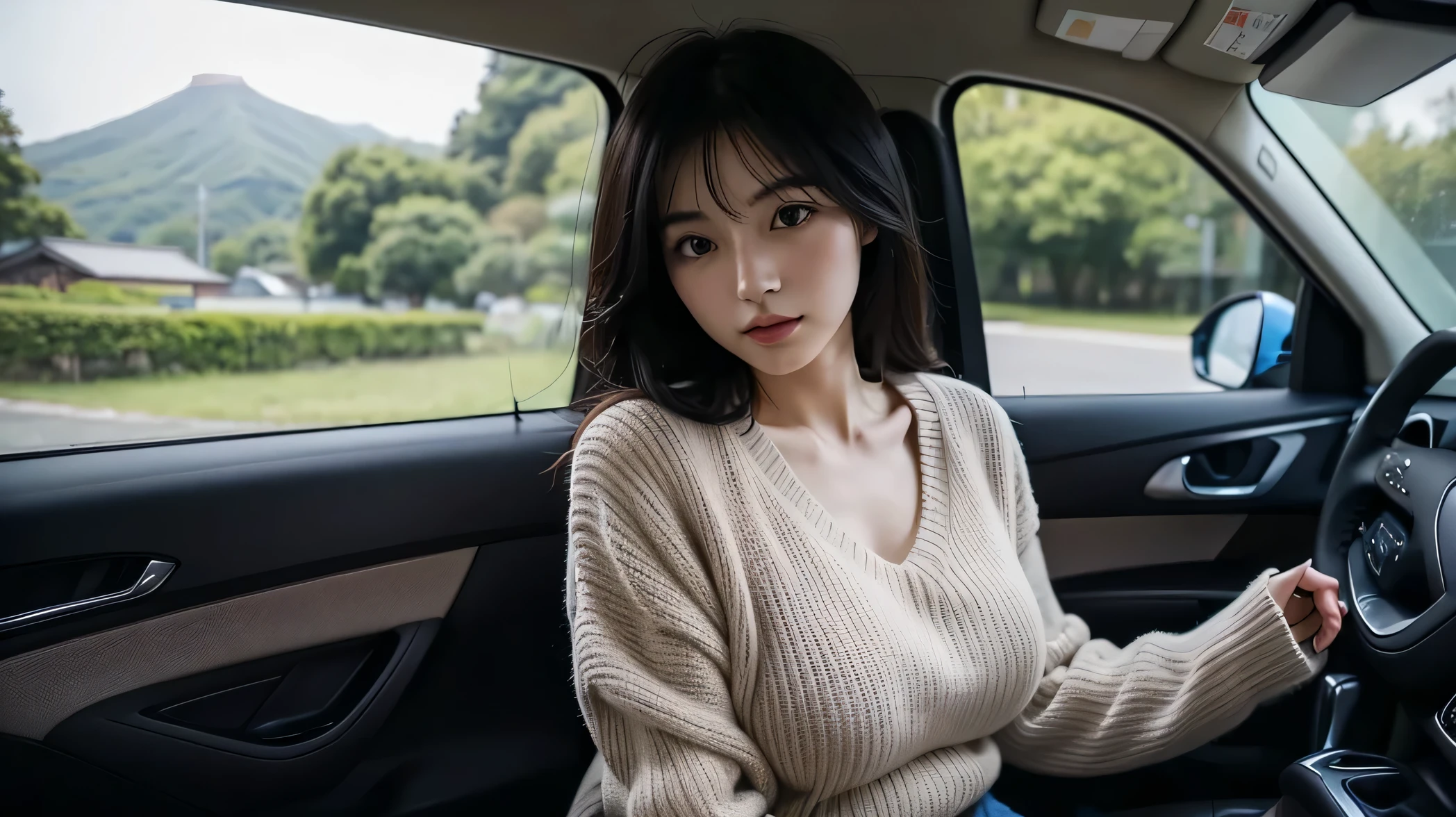 ((highest quality、8k、masterpiece:1.3))、Sharp focus, High resolution, High resolution, Portraits, Japanese, Middle-aged women, Beautiful woman, 28 years old, Plump, Semi-long hair, Clothes that reveal cleavage,Fluffy dress、 Fascinating face, sitting in the driver&#39;s seat of a car, While driving、A happy look