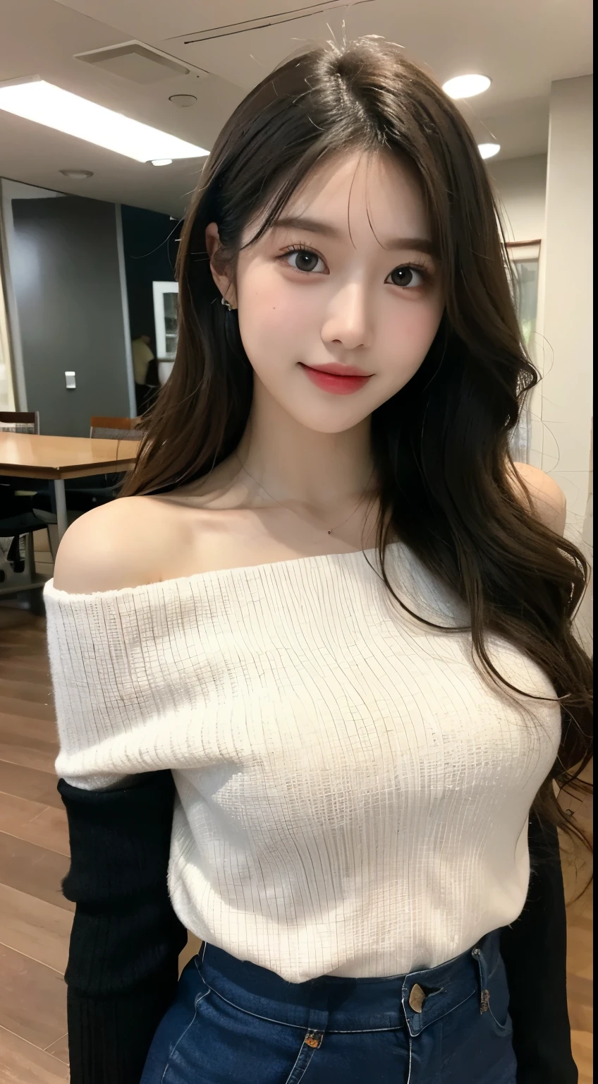 table top, highest quality, figure, super detailed, finely, High resolution, 8k wallpaper, 完璧なダイナミックな構figure, detailed and beautiful eyes, off shoulder knit ladies'S fashion,wavy hair,、natural color lip, bold sexy pose,smile,Harajuku、20 year old girl、cute、sexy shot looking at camera,Ultra-realistic raw photoini skirt:1.1),(whole body:1.3)