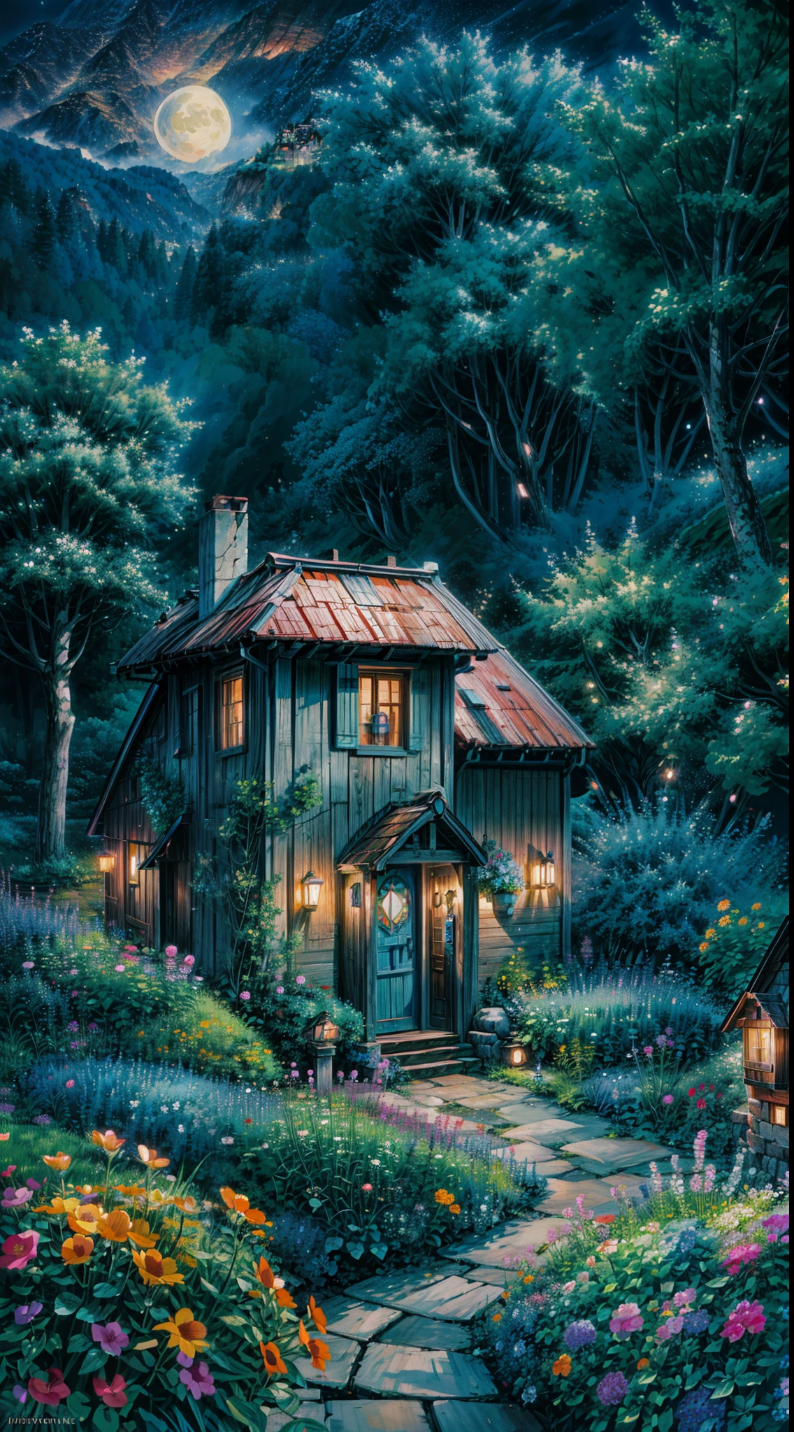 a painting of a blue house surrounded by flowers, nightime village background, by Jacek Yerka, by Evgeny Lushpin, by Shin Yun-bok, whimsical fantasy landscape art, cloudy sky, by Frances Jetter, flowery cottage, rounded house and cute character, magical village, moonlit night dreamy atmosphere, by Yvonne Jacquette, inspired by Evgeny Lushpin, 4k hd,, beautiful art uhd 4 k, a beautiful artwork illustration, beautiful digital painting, highly detailed digital painting, beautiful digital artwork, detailed painting 4 k, very detailed digital painting, rich picturesque colors, gorgeous digital painting, no human