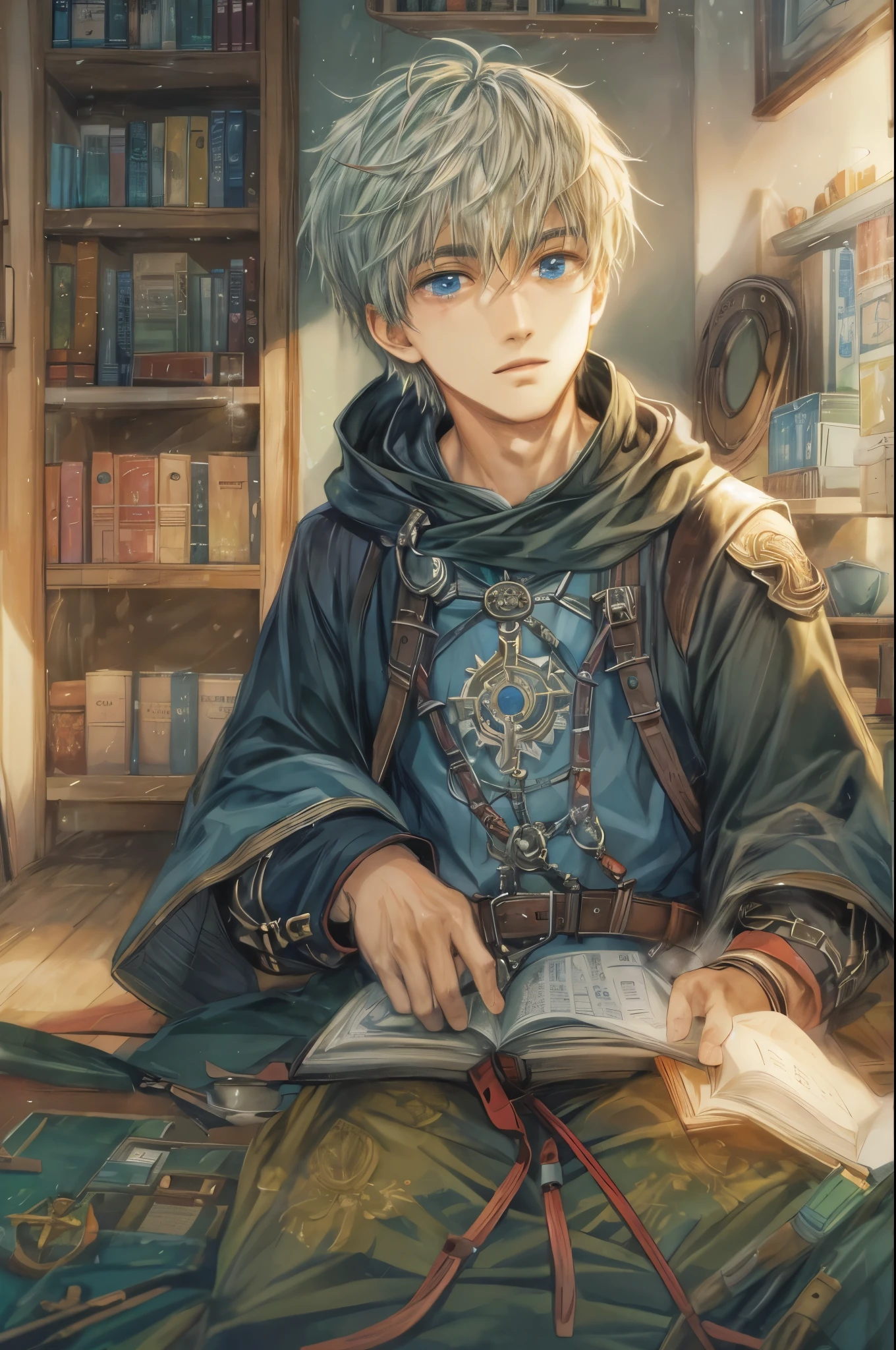 (absurdres, highres, simple detailed, HDR), simple masterpiece, best quality, 1 boy , short hair, handsome face, anime eyes, character from star ocean, simple interior, gnostic scenery