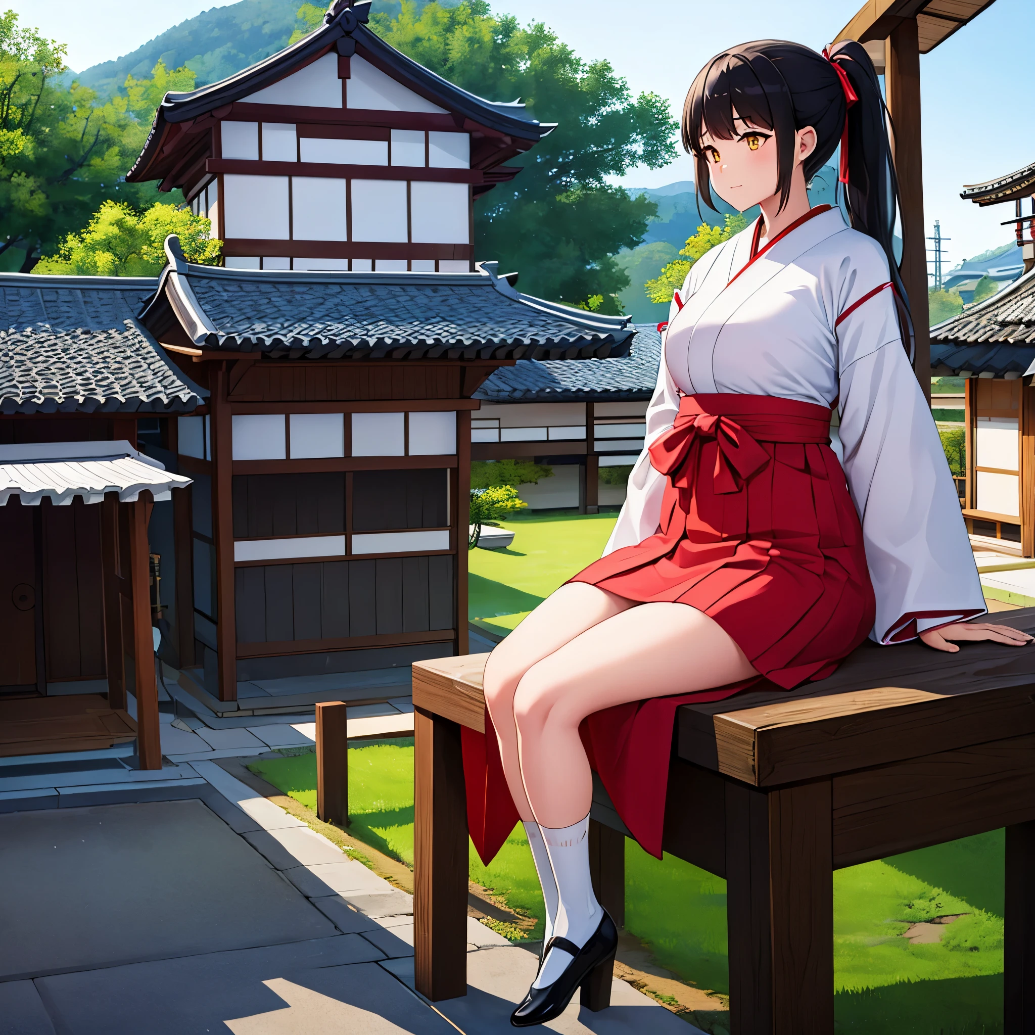 A woman wearing traditional Japanese miko dress, perfect arms, perfect hands, perfect fingers, perfect legs, yellow eyes, long ponytail hair, black hair, in a traditional Japanese town.
