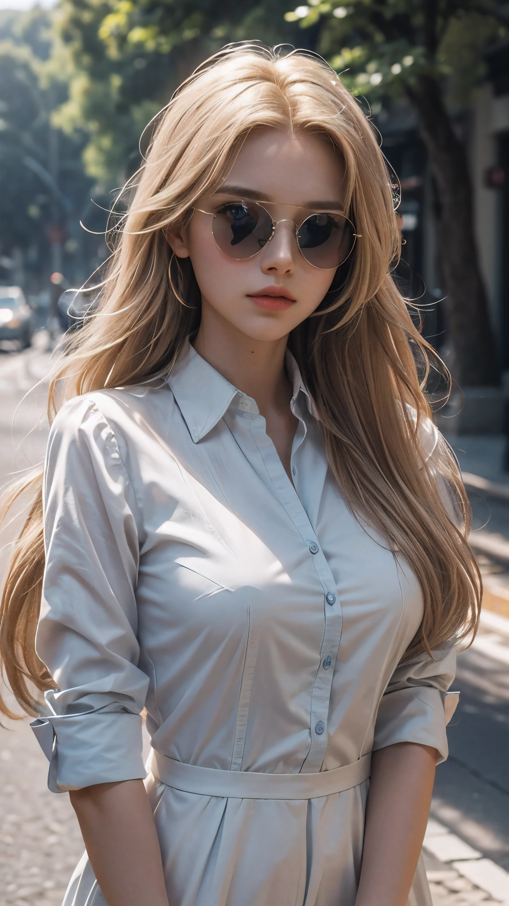 cinematic, upper body shot, elegant and aged 24 year old woman, RAW photo, 8k,  highly detailed, masterpiece, stunningly beautiful, American girl with long flowing blonde hair, striking blue eyes, wearing sun glasses, wearing white collared shirt, breasts out, mature female, natural and approachable expression, soft sunlight, detailed, outdoor