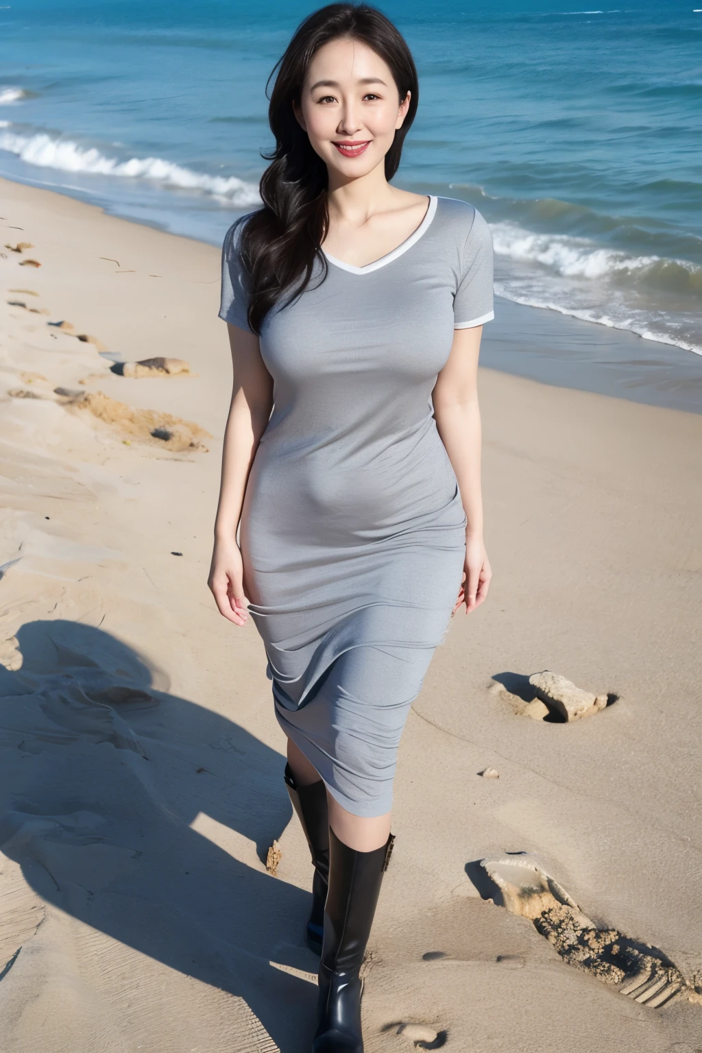 Draw lips correctly, red lipstick, from chest up, best quality, Super detailed, lifelike, Super fine skin, perfect anatomy, (1 日本Mature的女人), (alone),Wearing a gray sweater dress,short sleeve,white boots。wavy long hair,37-year-old female,Mature,charming smile,beach background,stand,Leg length,Chubby,Big breasts,stand up,full-body shot