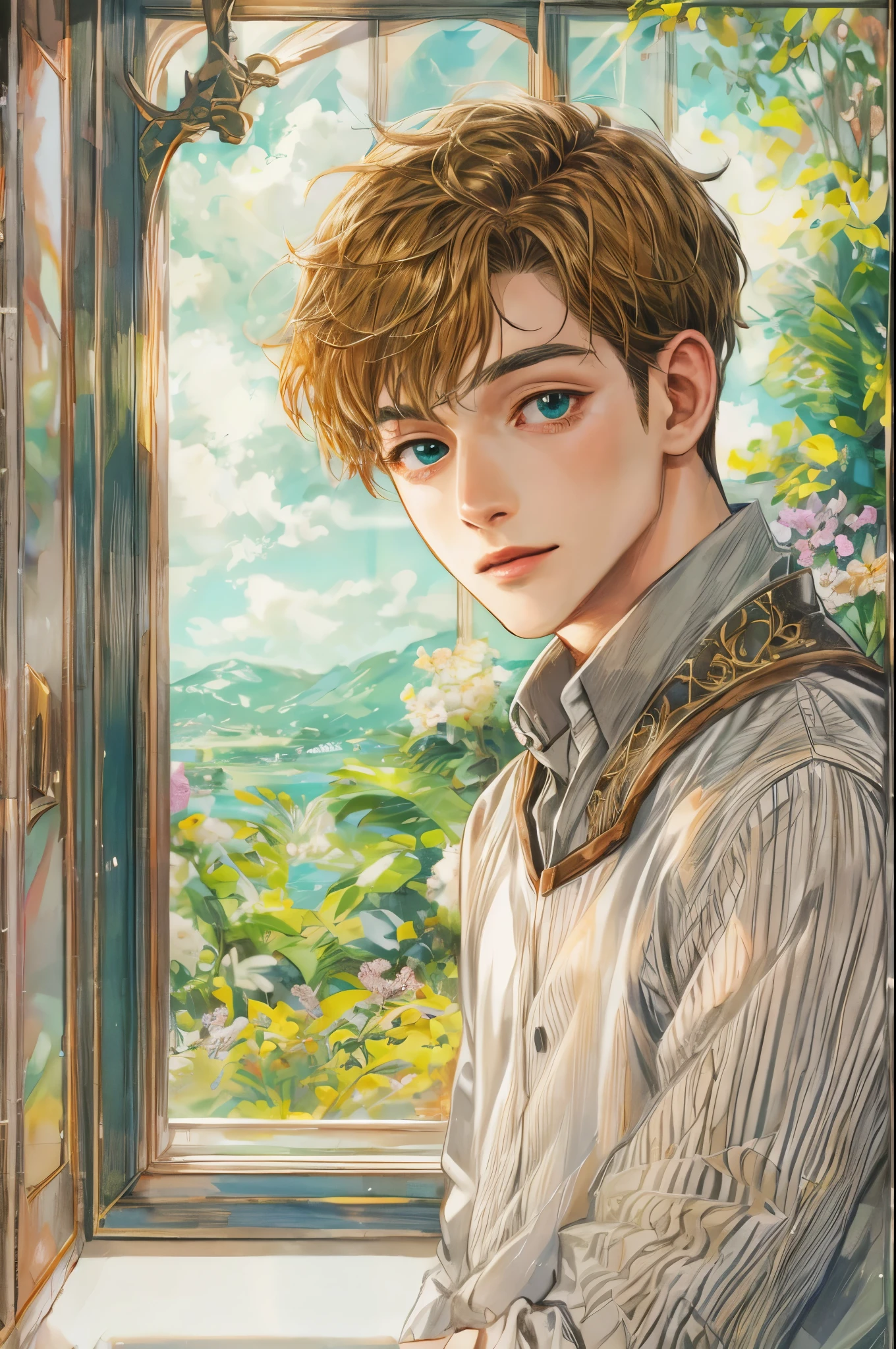 (absurdres, highres, simple detailed, HDR), simple masterpiece, best quality, 1 boy , short hair, handsome face, anime eyes, character from the anne of green gables, male version, simple interior, gnostic scenery