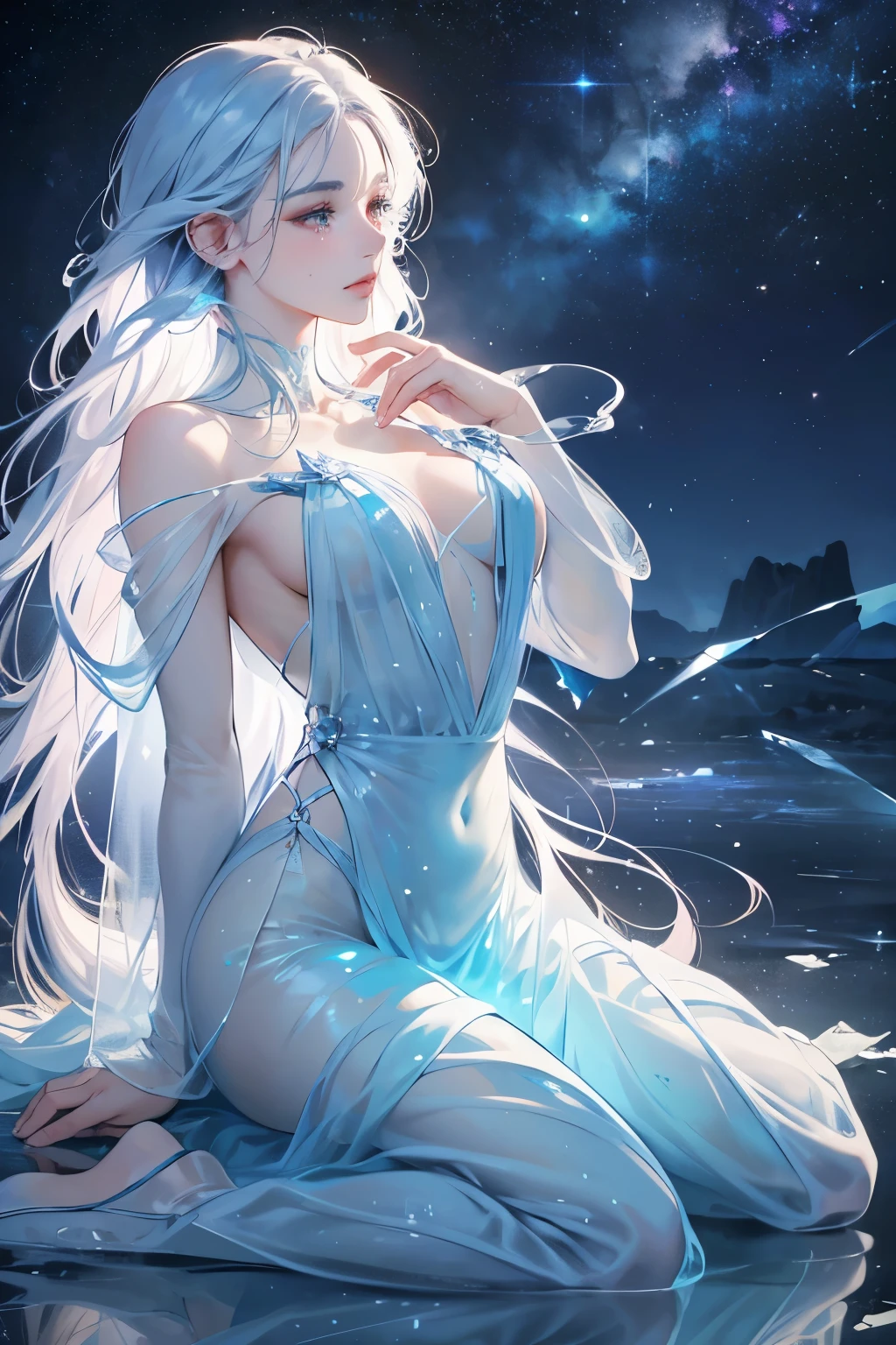 (best quality,4k,8k,highres,masterpiece:1.2),ultra-detailed,(realistic,photorealistic,photo-realistic:1.37),woman body made of bluish glass,translucent glass skin,crying,amidst the starry sky,bluish light,glass in bright blue tones,crystal aesthetics,portrait,ethereal beauty,unique,glass shards,fragility,serene expression,reflection,shimmering effect,delicate contours,surreal,emotional,transparency,dreamlike,frozen tears,vibrant colors,starlight,mesmerizing,transcendent,delicate emotions,captivating,fragile atmosphere,magical ambiance,celestial,wisps of light,long flowing hair,luminous,feminine,graceful pose,exquisite,unearthly glow