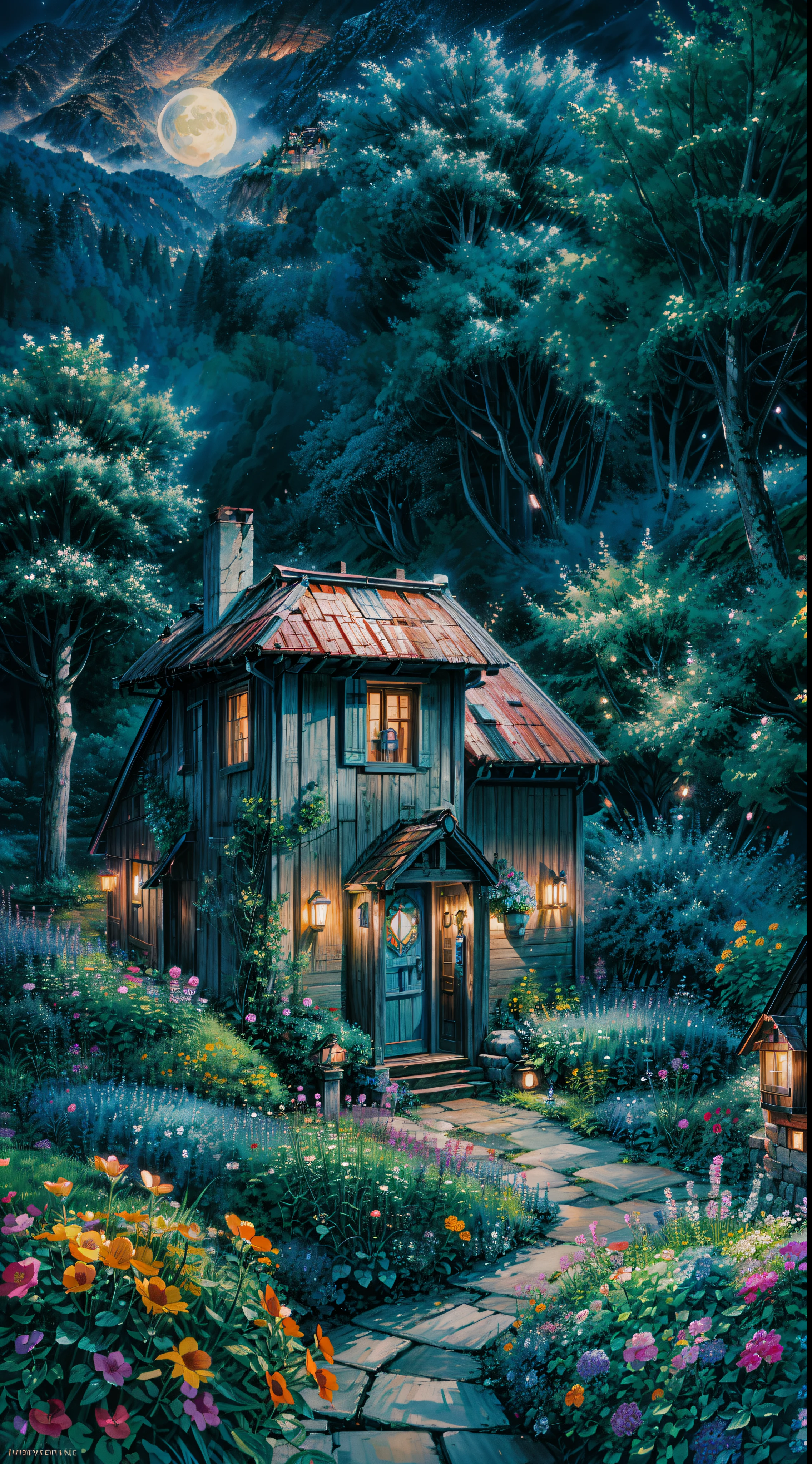 a painting of a blue house surrounded by flowers, nightime village background, by Jacek Yerka, by Evgeny Lushpin, by Shin Yun-bok, whimsical fantasy landscape art, cloudy sky, by Frances Jetter, flowery cottage, rounded house and cute character, magical village, moonlit night dreamy atmosphere, by Yvonne Jacquette, inspired by Evgeny Lushpin, 4k hd,, beautiful art uhd 4 k, a beautiful artwork illustration, beautiful digital painting, highly detailed digital painting, beautiful digital artwork, detailed painting 4 k, very detailed digital painting, rich picturesque colors, gorgeous digital painting, no human