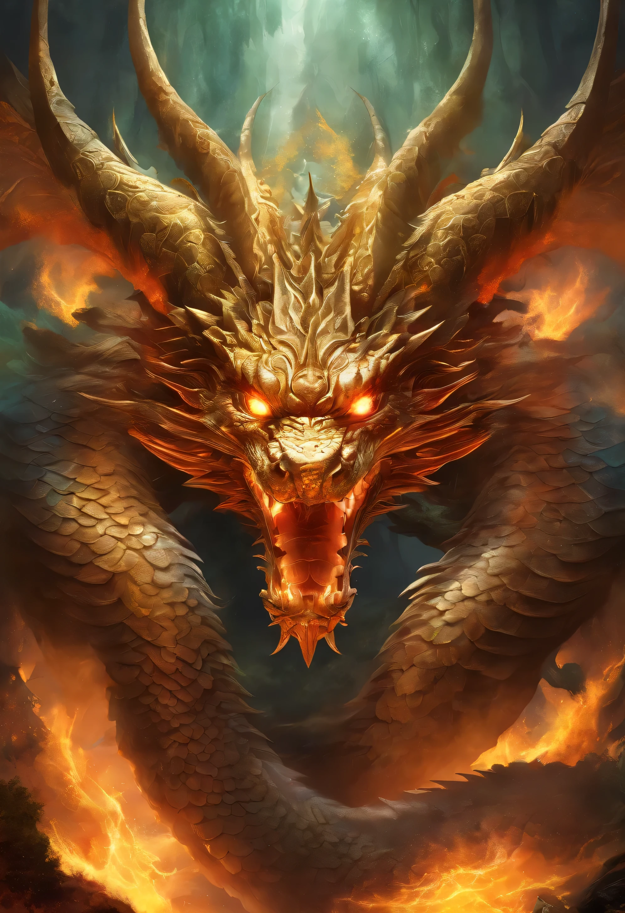 (best quality, high resolution:1.2), (Realistic,fotorrealista:1.37), fundo preto, A Chinese dragon with seven heads emerges from the darkness, Torneira frontal，Olhos vermelhos fracos, detalhes intrincados, ((front view:1.4))
