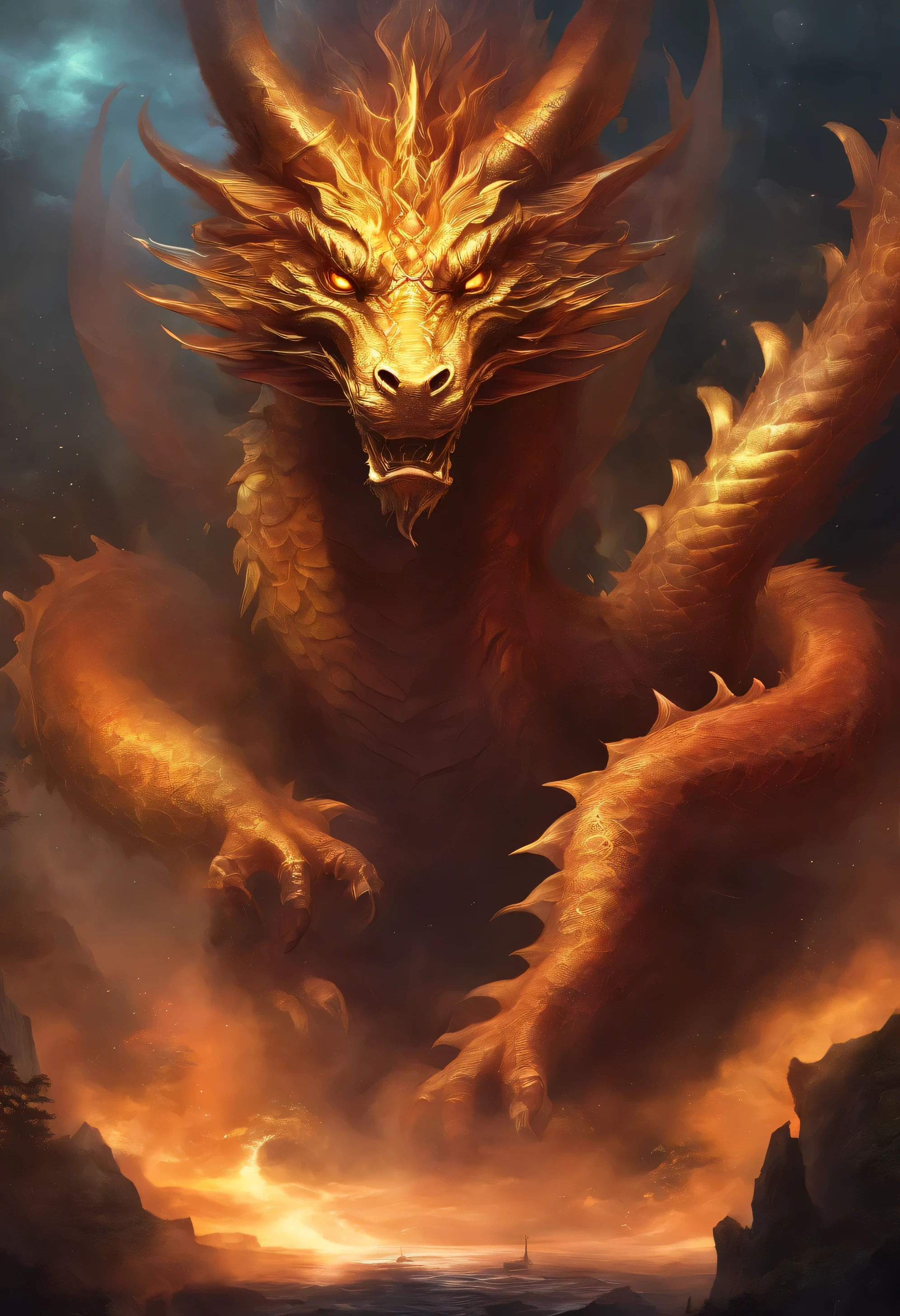 (best quality, high resolution:1.2), (Realistic,fotorrealista:1.37), fundo preto, A Chinese dragon with seven heads emerges from the darkness, Torneira frontal，Olhos vermelhos fracos, detalhes intrincados, ((front view:1.4))