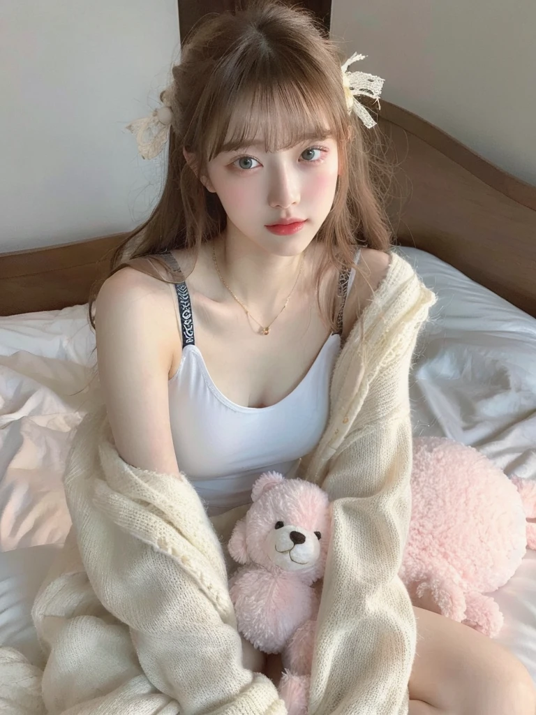 A woman sitting on the bed with a teddy bear, Urzan, Light milky white porcelain skin, milky white skin, V-chest clothes, Sleek white skintight suit, fair skin, Leruwe 5213, 19 year old girl, sakimicchan, nice young girl, 24 year old female model