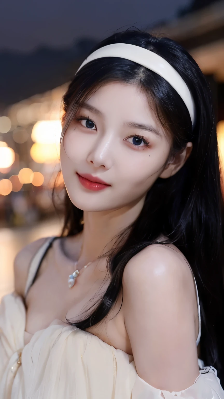 Half body portrait of a Korean woman, Beautiful and spellbinding for every eye, Under the eyes, night picture, Dress cutely, At the private beach, Attractive eyes, There is a headband.