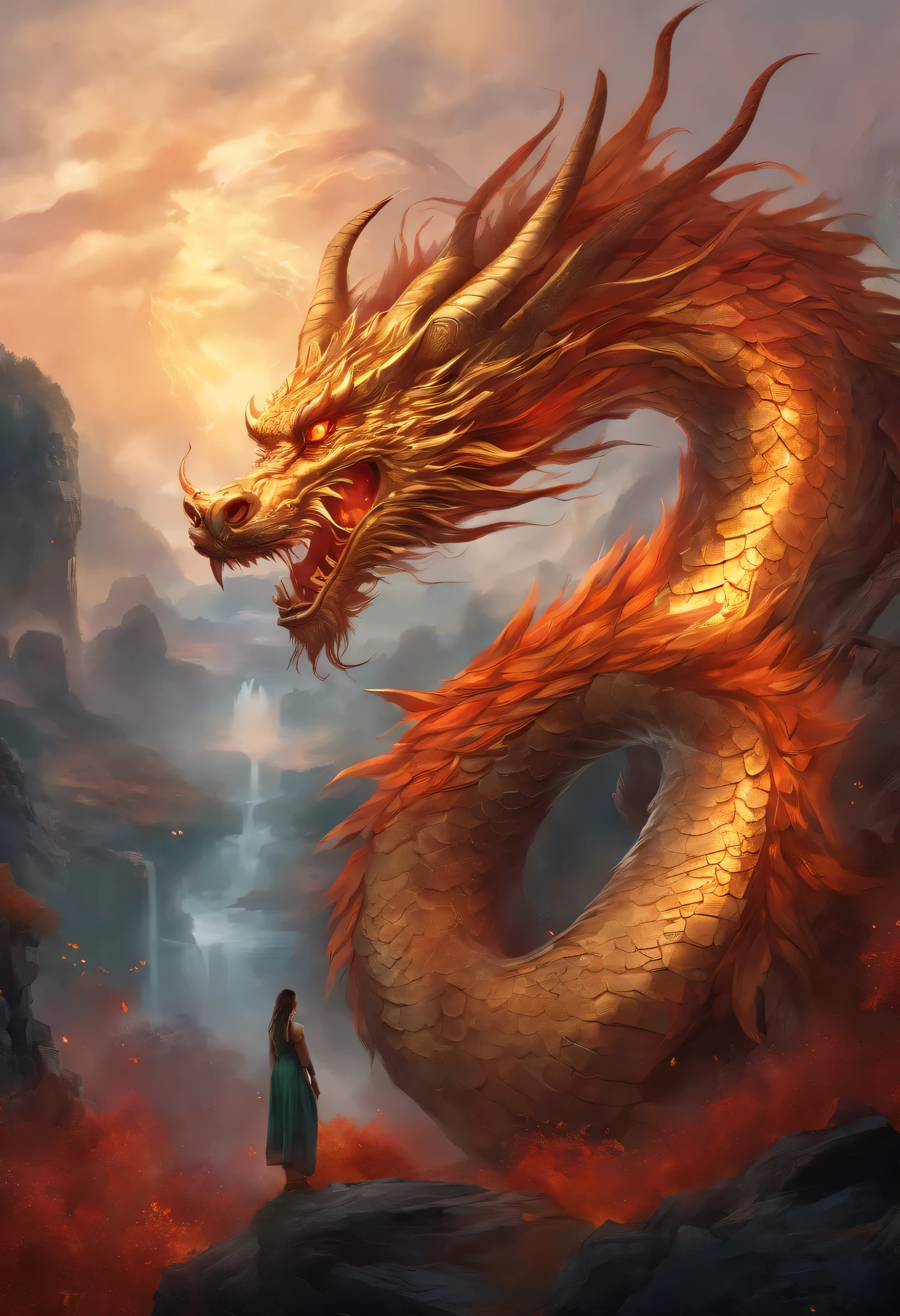 (best quality, high resolution:1.2), (Realistic,fotorrealista:1.37), fundo preto, A Chinese dragon with seven heads emerges from the darkness, Torneira frontal，Olhos vermelhos fracos, detalhes intrincados, ((front view:1.4))