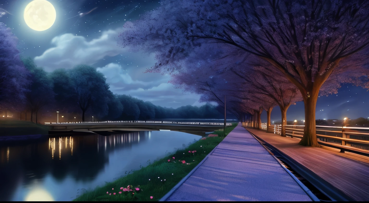 Stars in clouds, long path without people, next to a wooden bridge, beautiful flowers next to the bridge, river flowing under the bridge, shadow of a tree, beautiful anime scene, beautiful anime scenery, night sky, anime art, 8k wallpaper